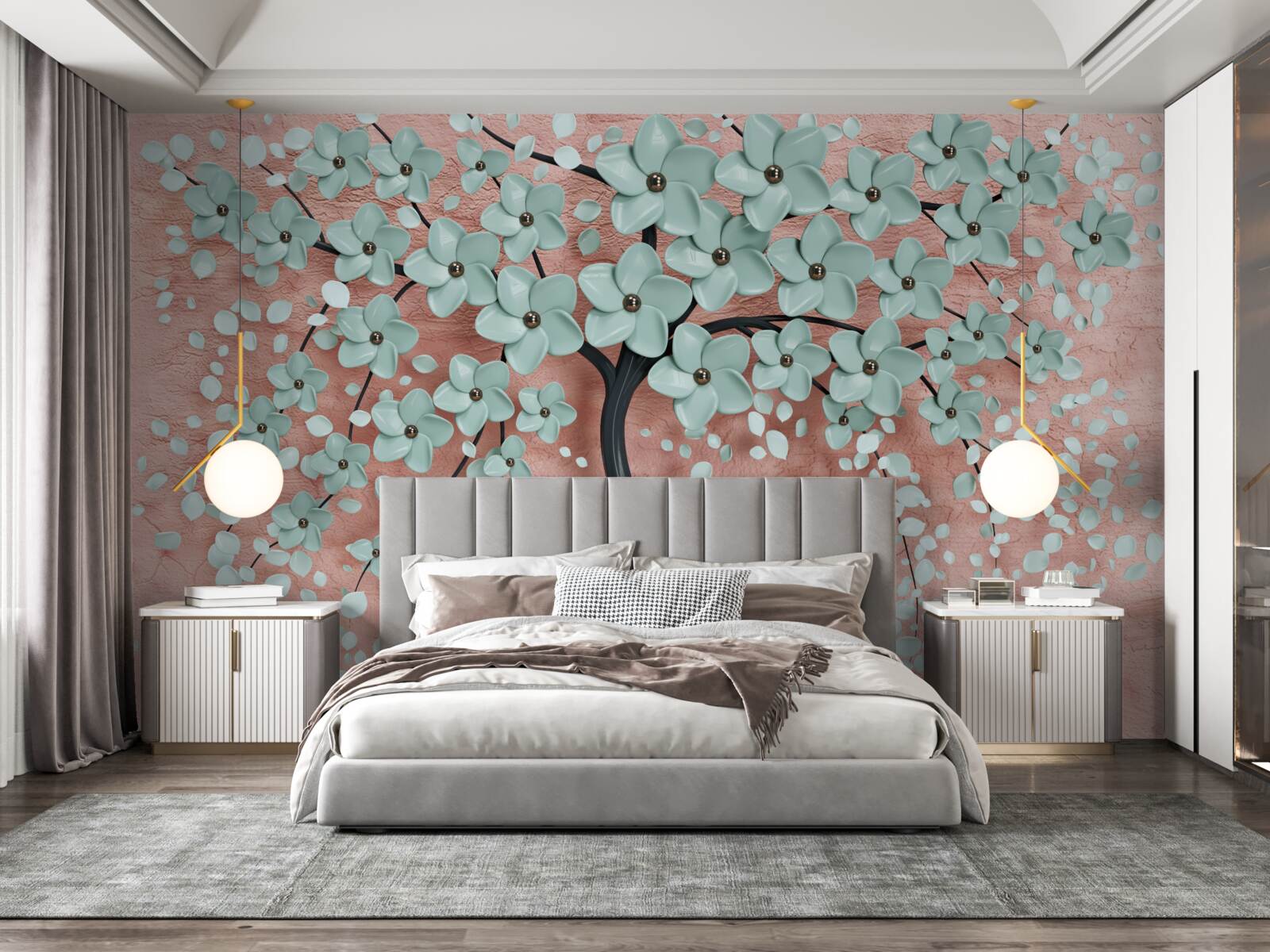 Fotobehang boom met blauwe bloemen