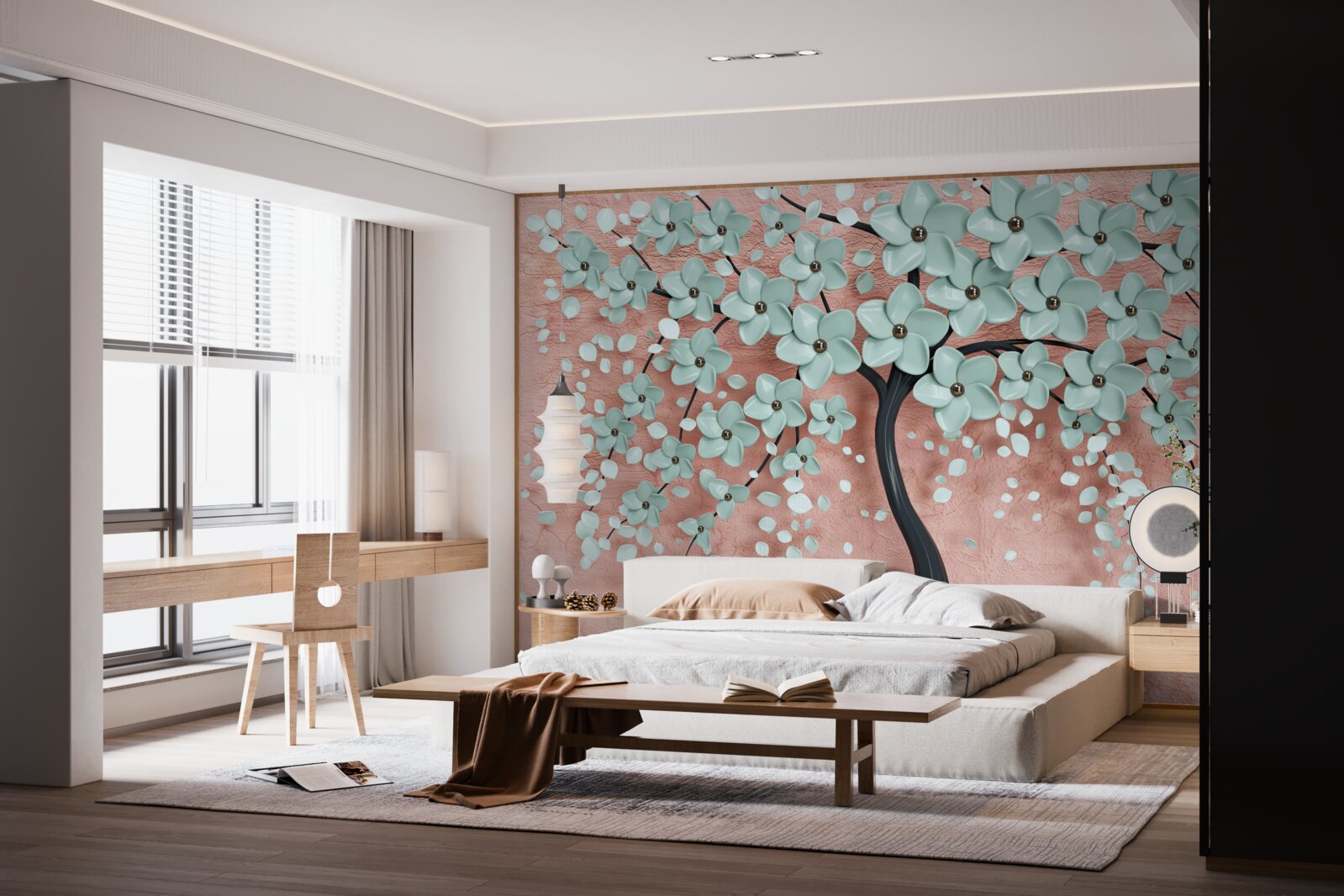 Fotobehang boom met blauwe bloemen