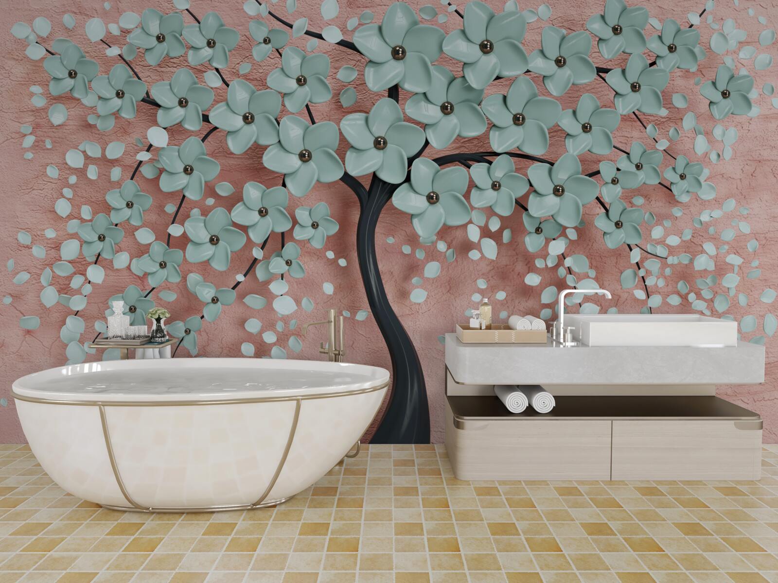 Fotobehang boom met blauwe bloemen