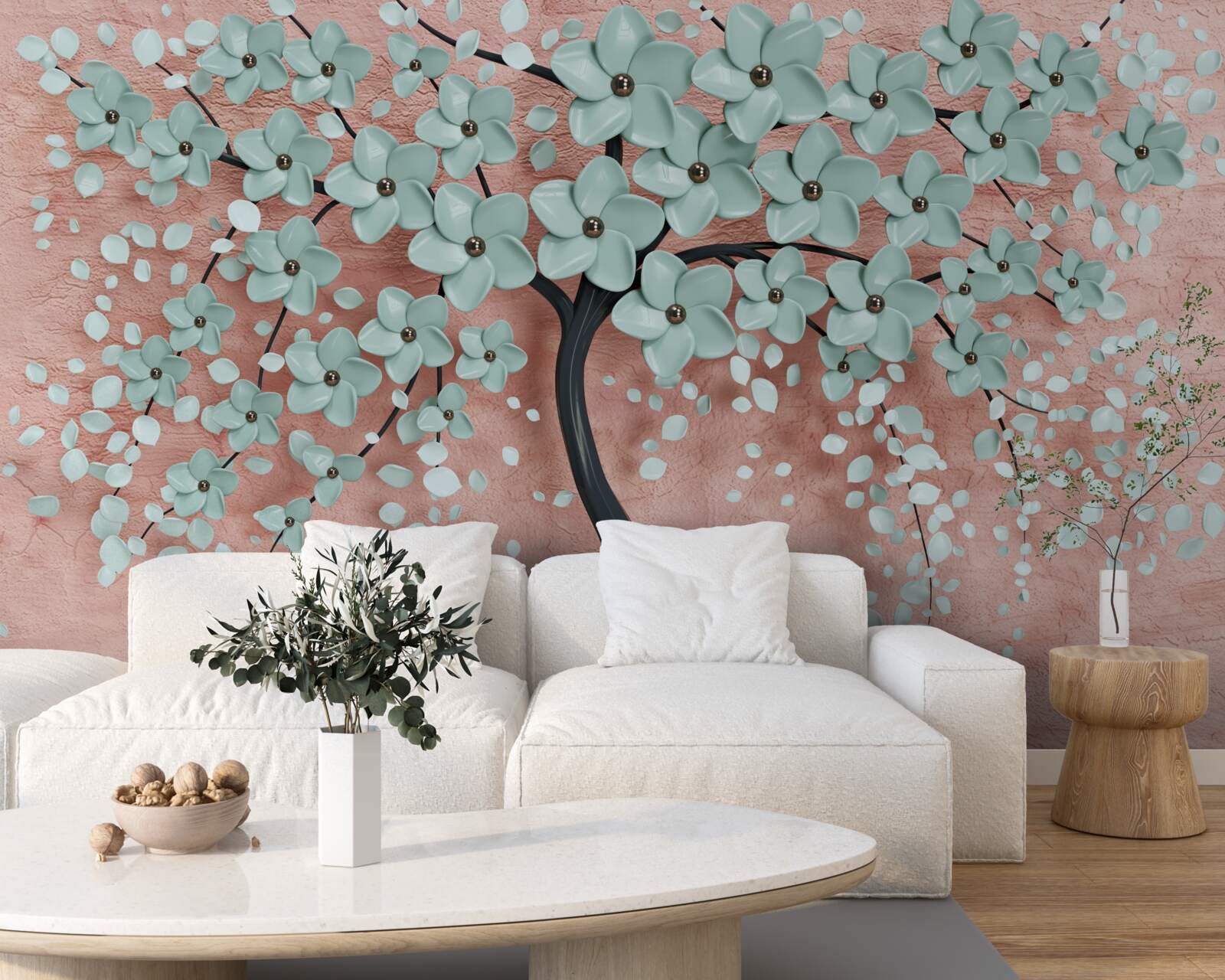 Fotobehang boom met blauwe bloemen