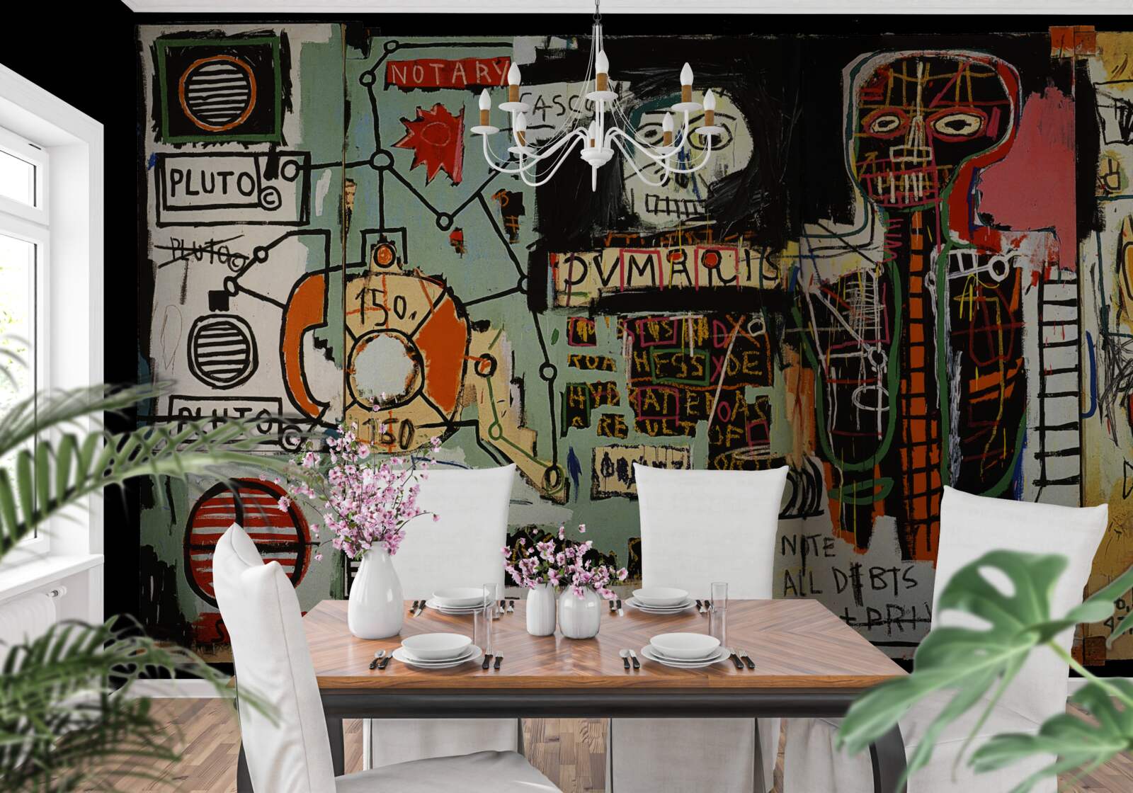 Fotobehang donkere schilderijen en muurbelettering