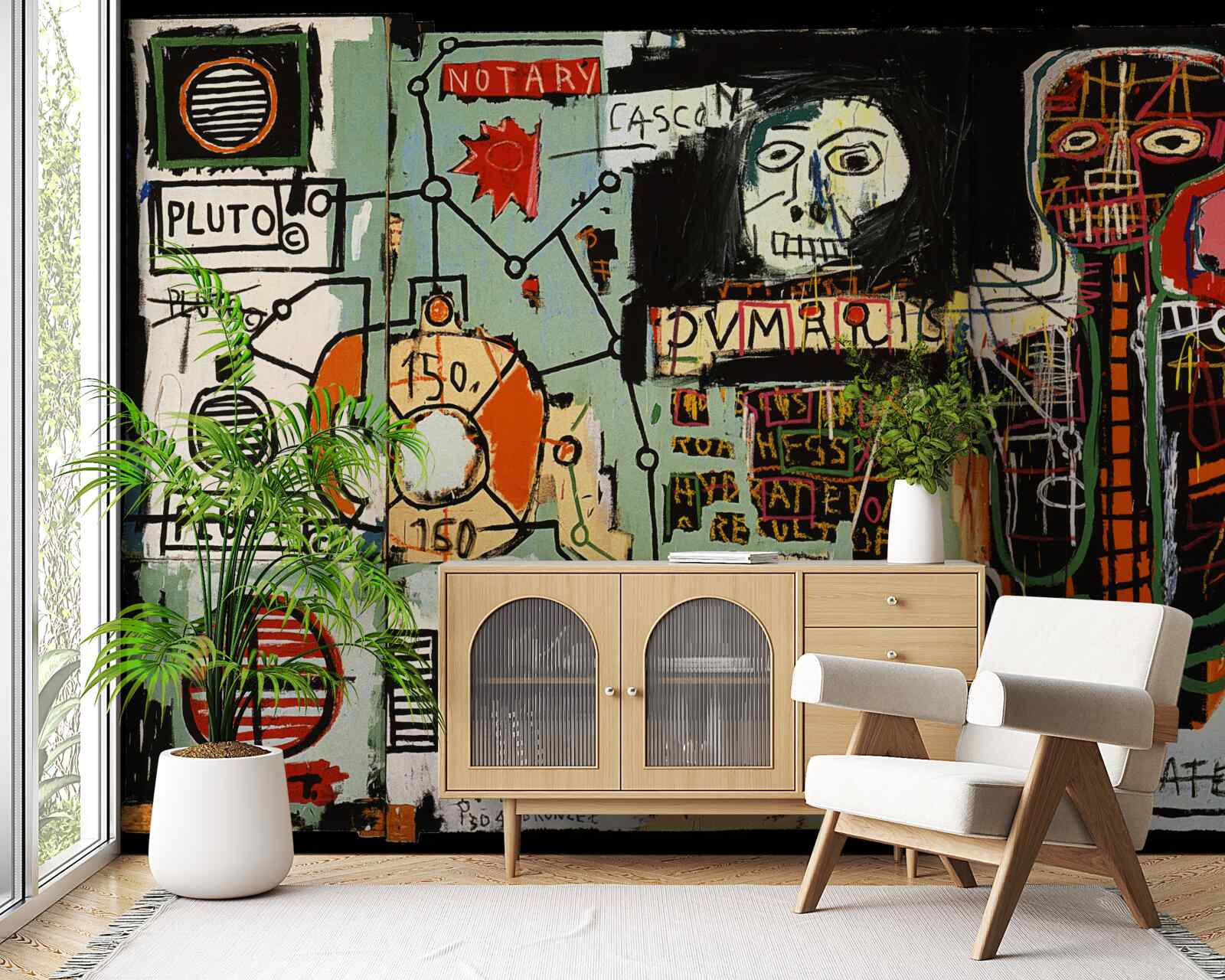 Fotobehang donkere schilderijen en muurbelettering