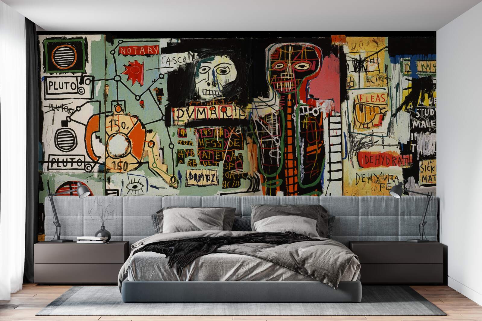 Fotobehang donkere schilderijen en muurbelettering