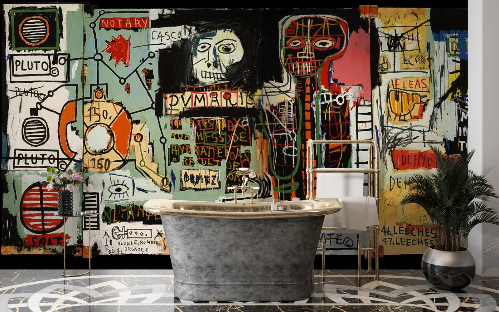 Fotobehang donkere schilderijen en muurbelettering