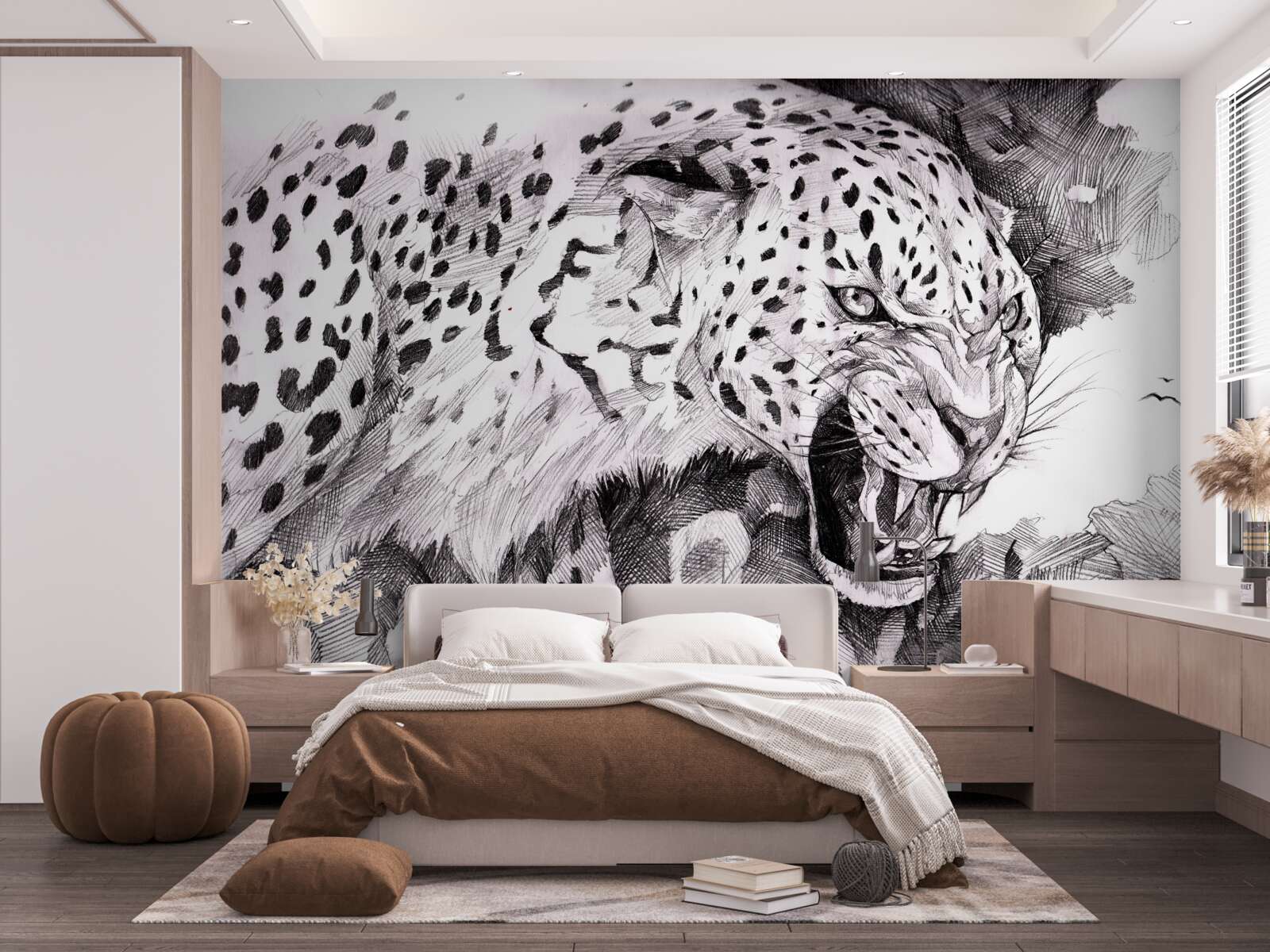 Fotobehang agressieve luipaard in zwart en wit
