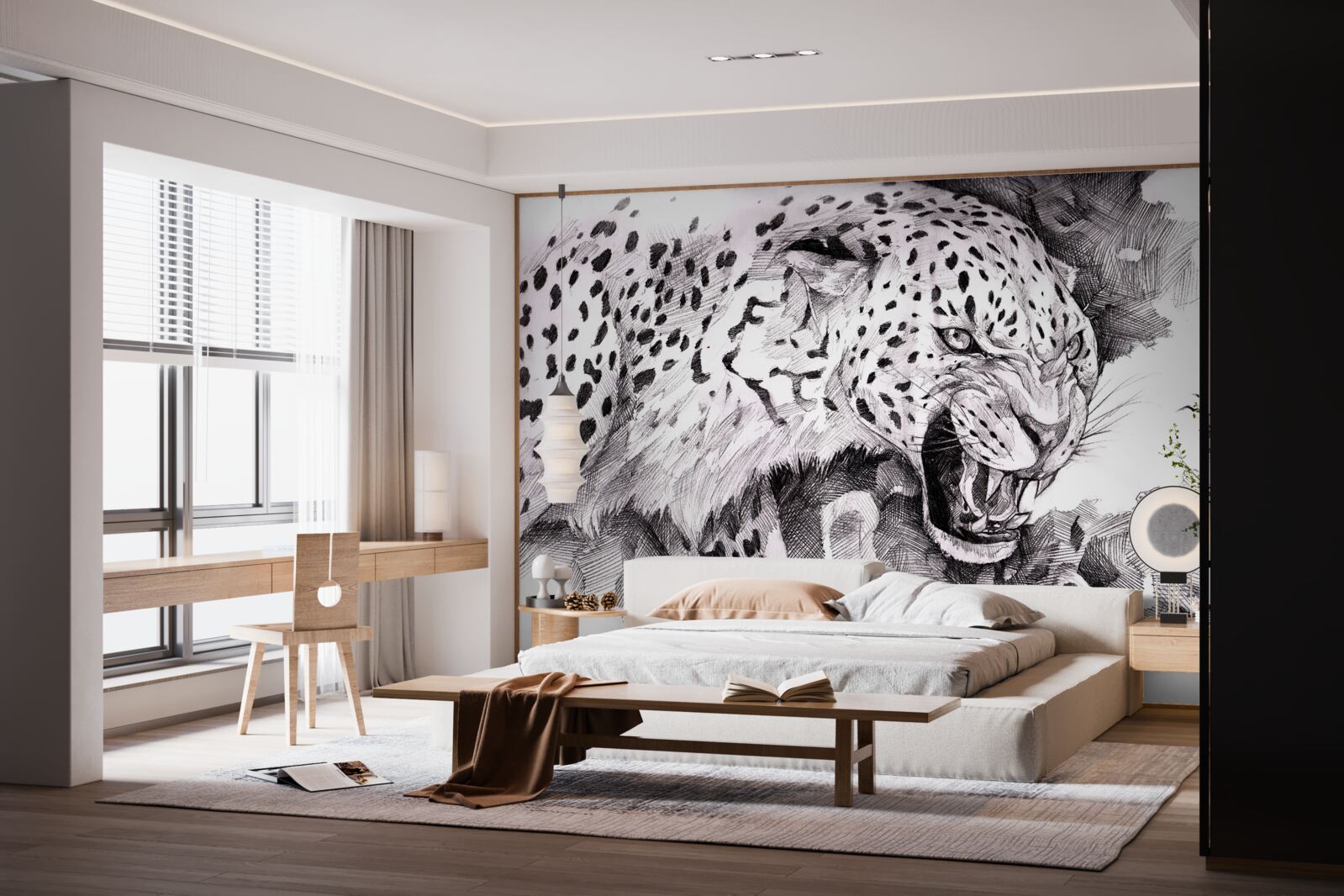 Fotobehang agressieve luipaard in zwart en wit