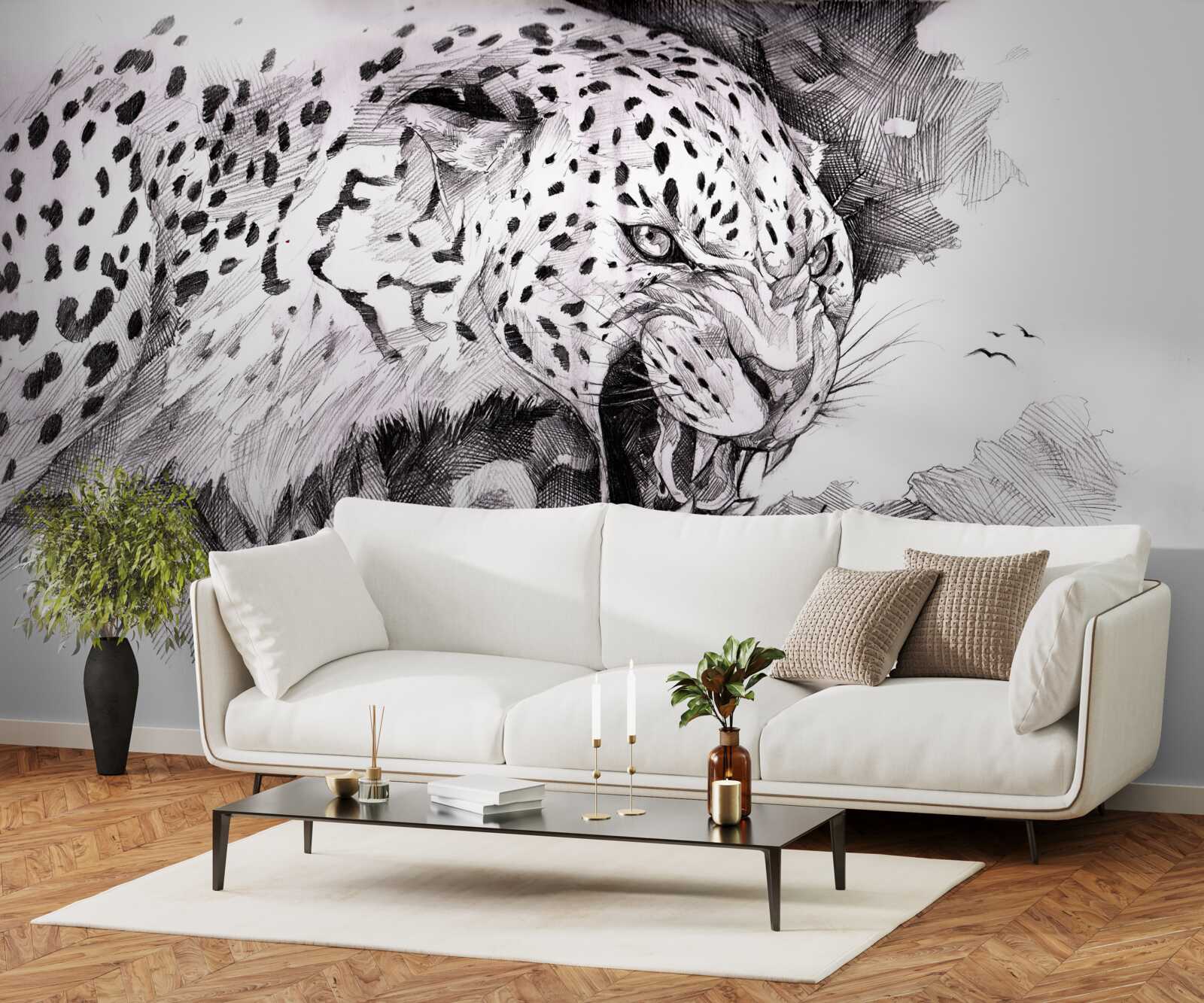 Fotobehang agressieve luipaard in zwart en wit