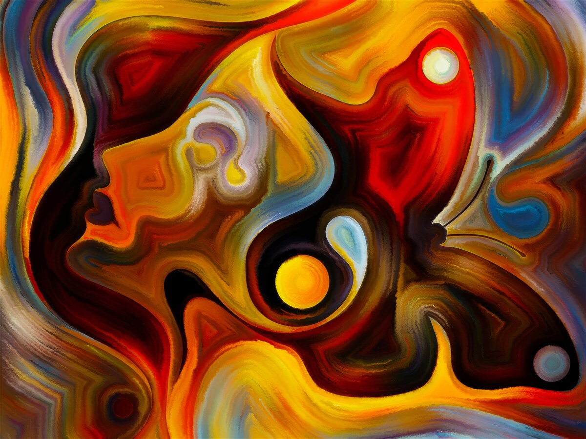 Fotobehang silhouet van een meisje en een vlinder in heldere kleuren