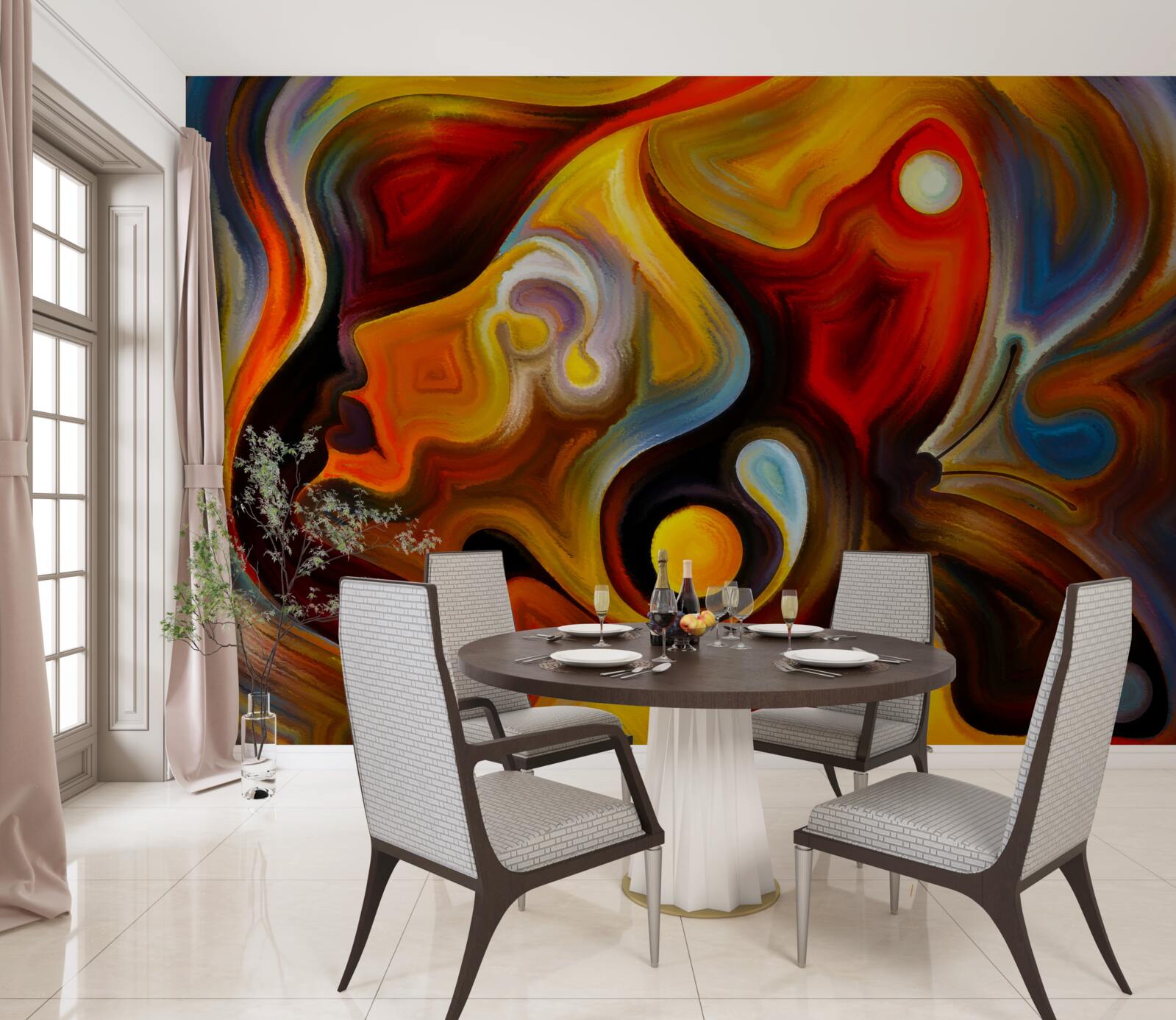 Fotobehang silhouet van een meisje en een vlinder in heldere kleuren