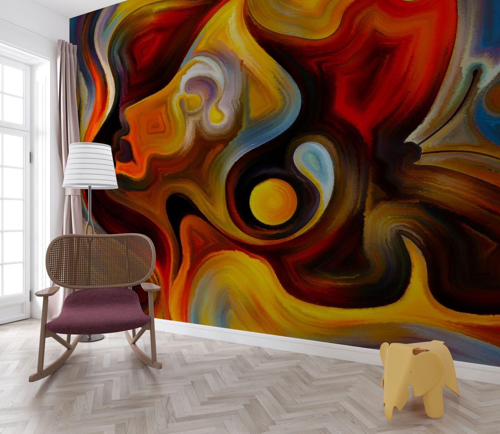 Fotobehang silhouet van een meisje en een vlinder in heldere kleuren