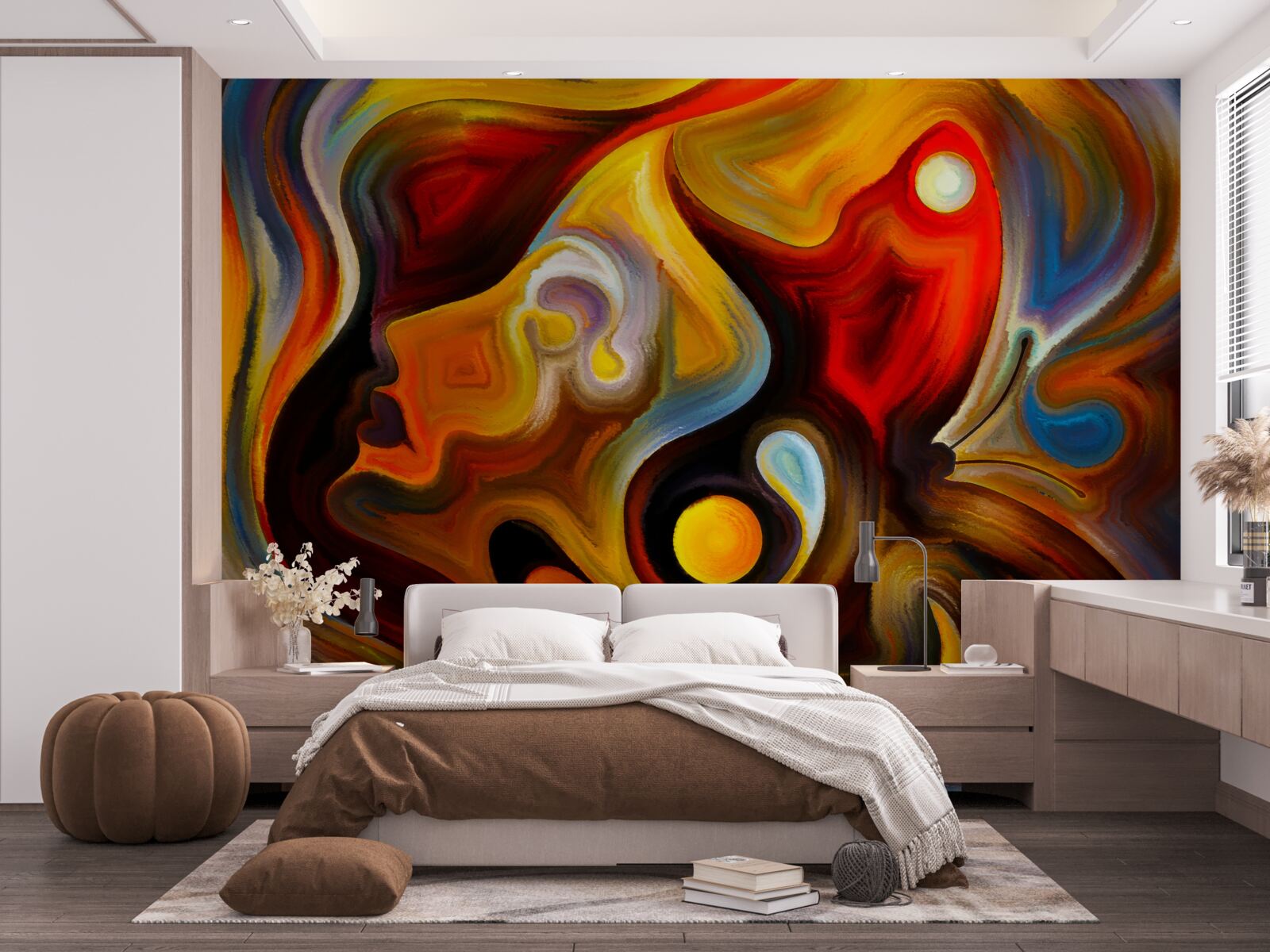 Fotobehang silhouet van een meisje en een vlinder in heldere kleuren