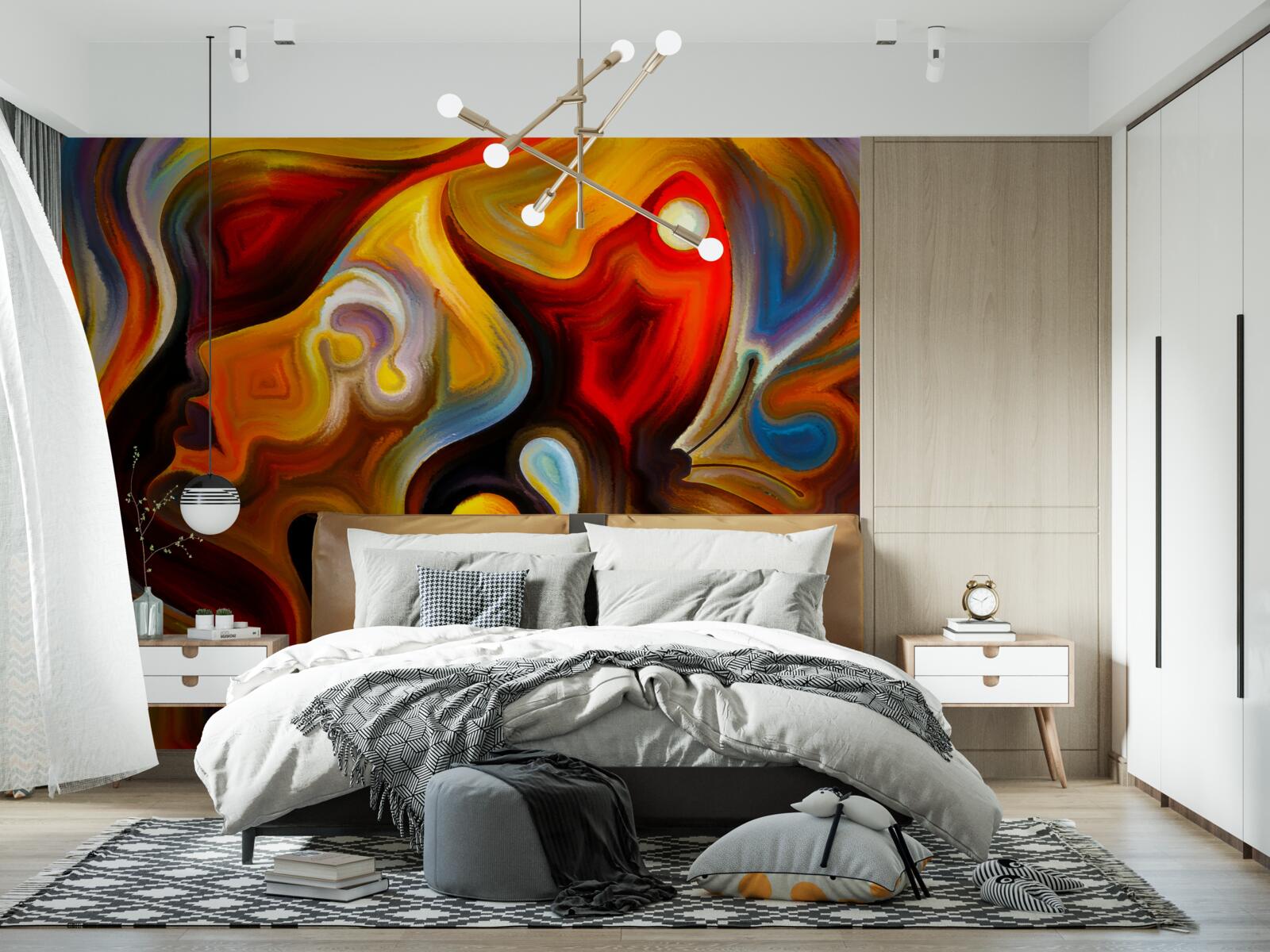 Fotobehang silhouet van een meisje en een vlinder in heldere kleuren