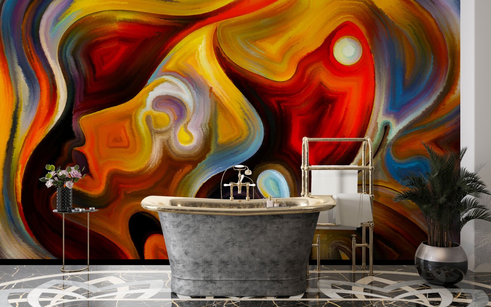 Fotobehang silhouet van een meisje en een vlinder in heldere kleuren