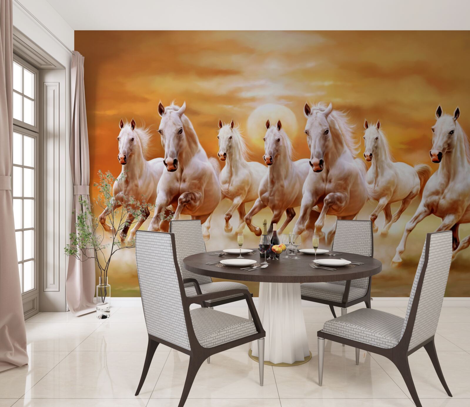 Fotobehang zeven witte paarden