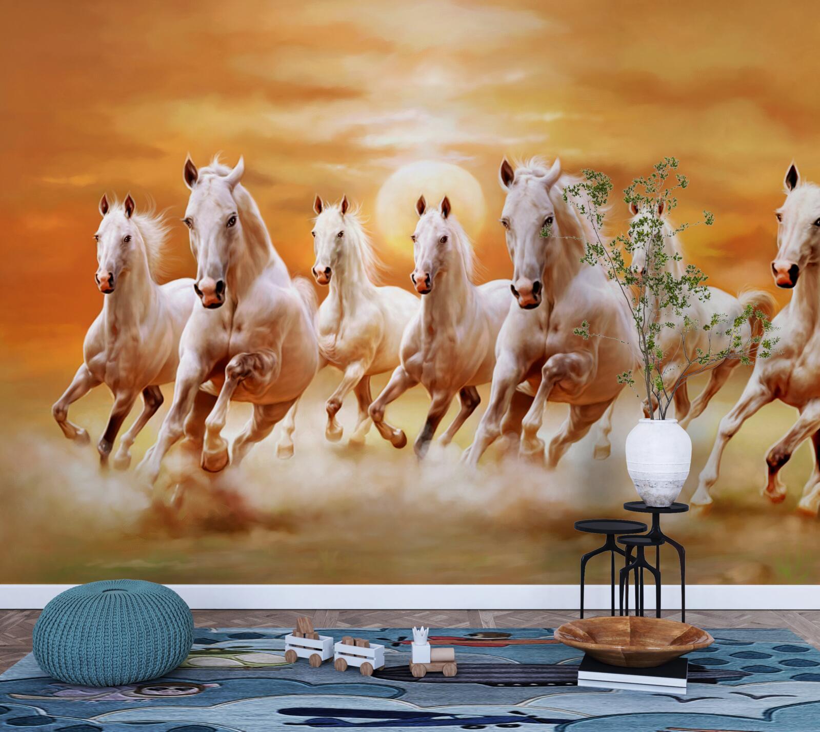 Fotobehang zeven witte paarden