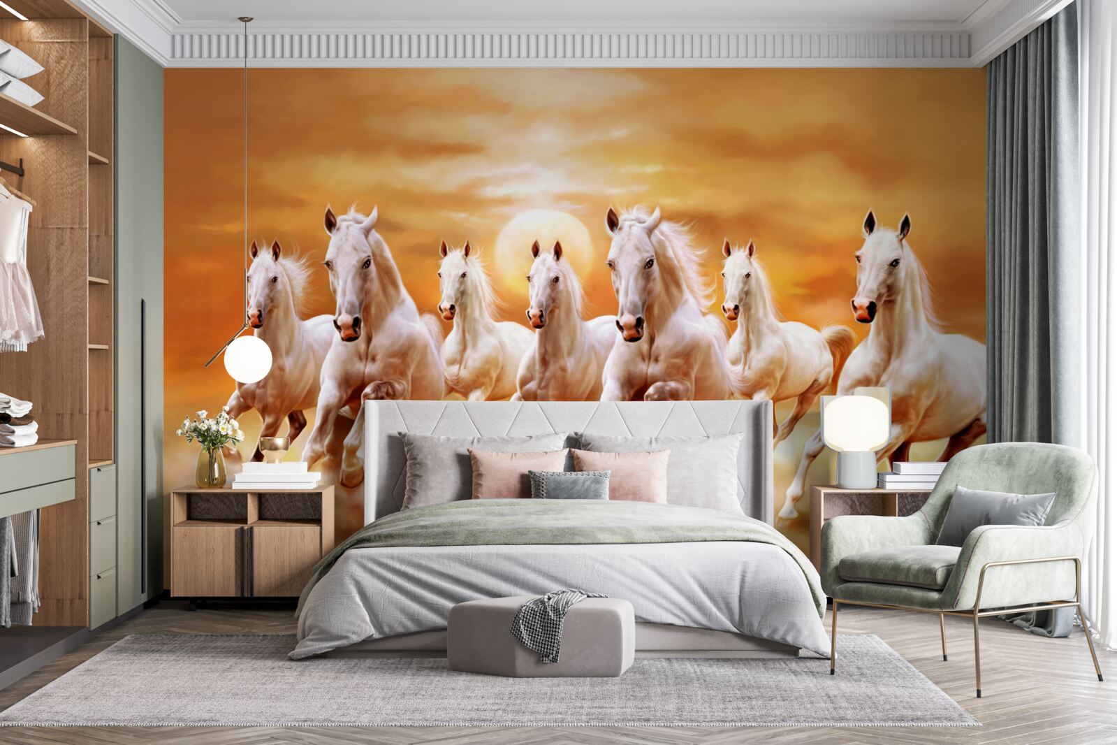 Fotobehang zeven witte paarden