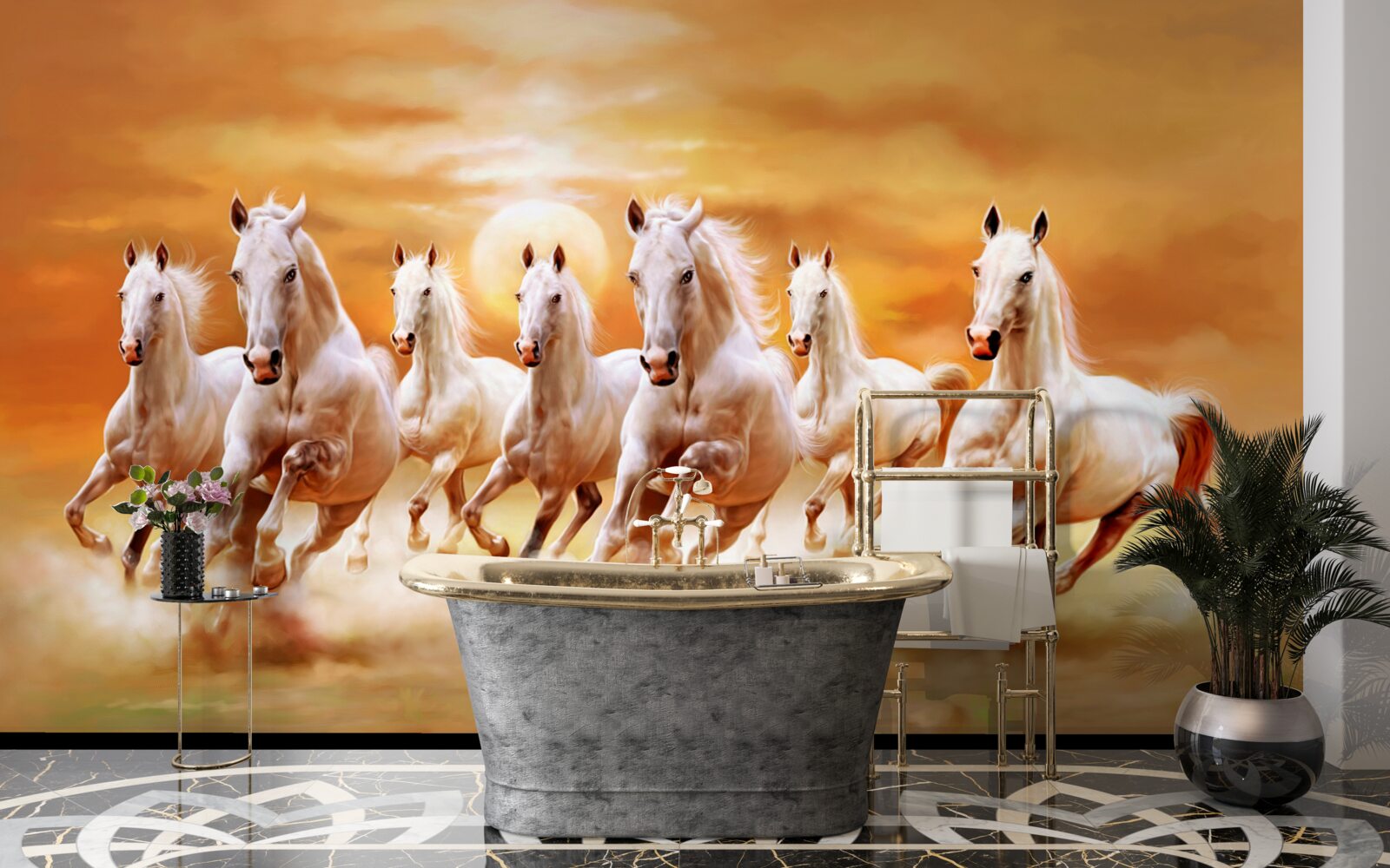 Fotobehang zeven witte paarden