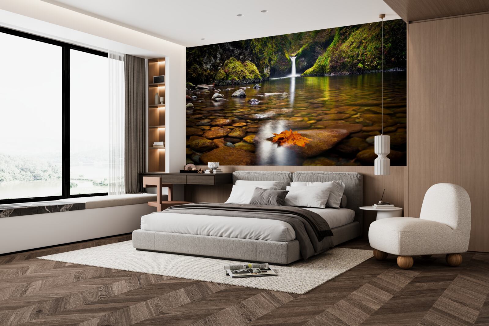 Fotobehang een blad dat op het wateroppervlak in de bergen is gevallen