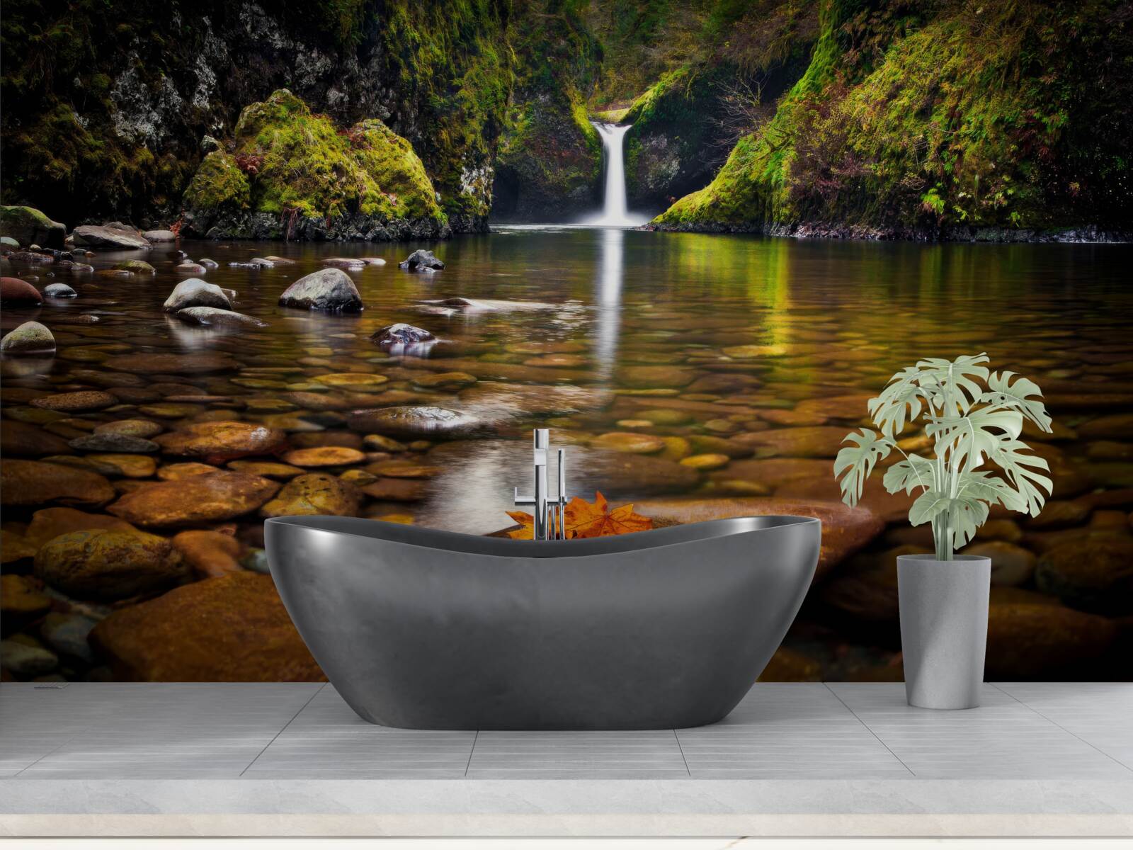 Fotobehang een blad dat op het wateroppervlak in de bergen is gevallen