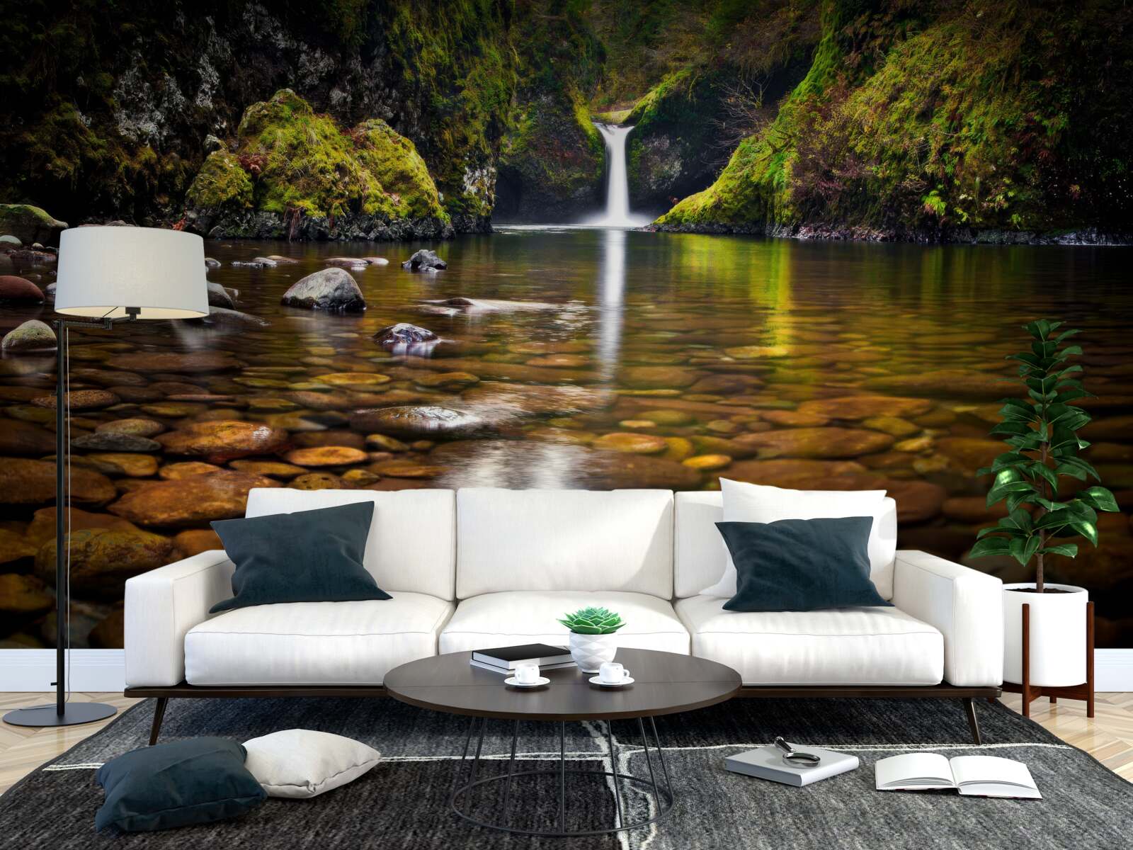 Fotobehang een blad dat op het wateroppervlak in de bergen is gevallen