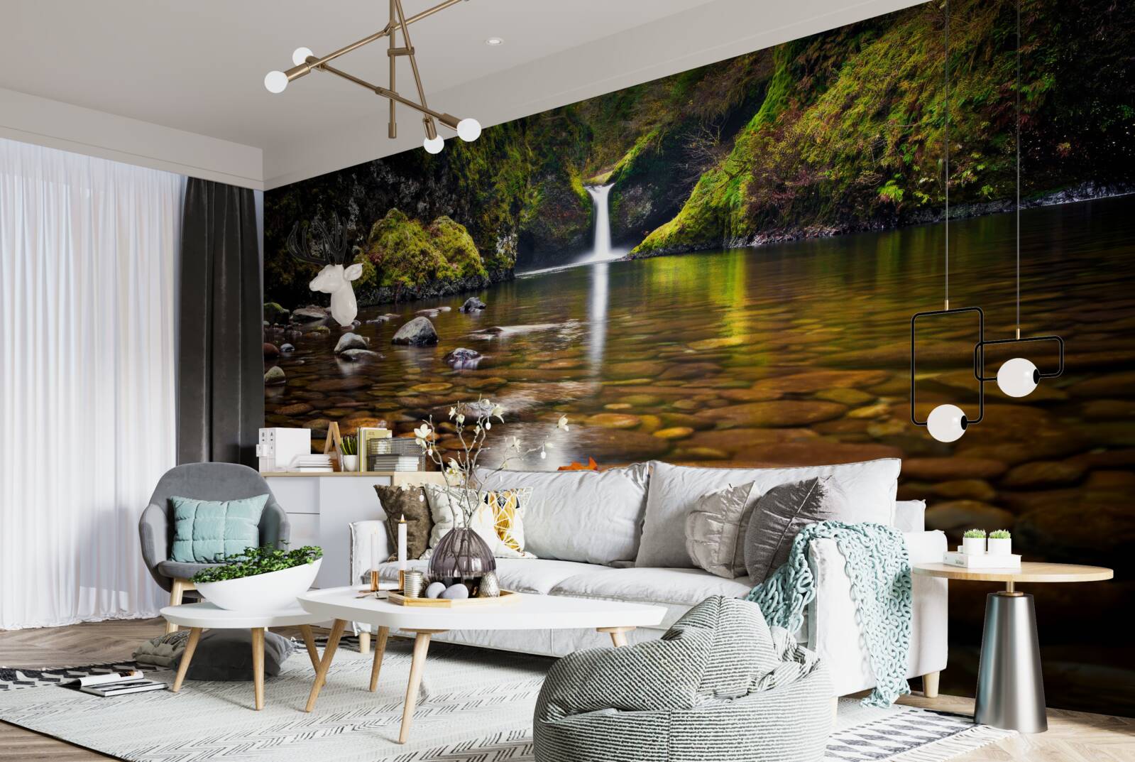 Fotobehang een blad dat op het wateroppervlak in de bergen is gevallen