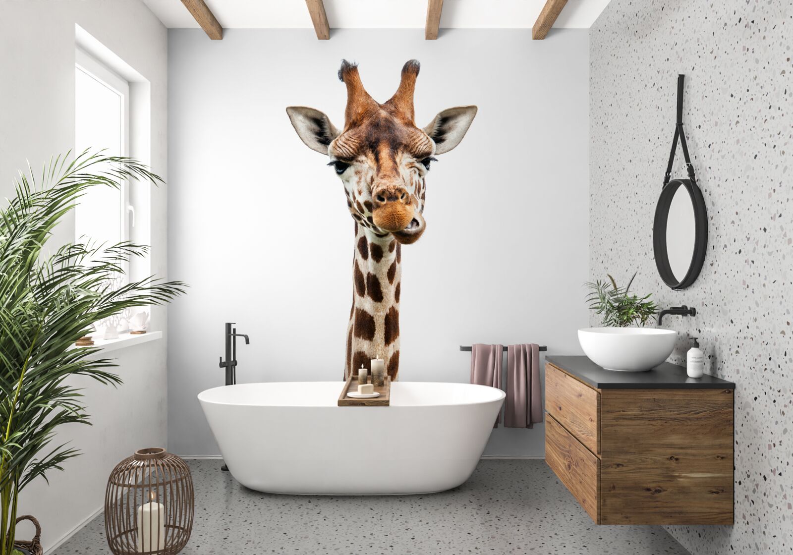 Fotobehang ongewone uitdrukking op het gezicht van een giraffe