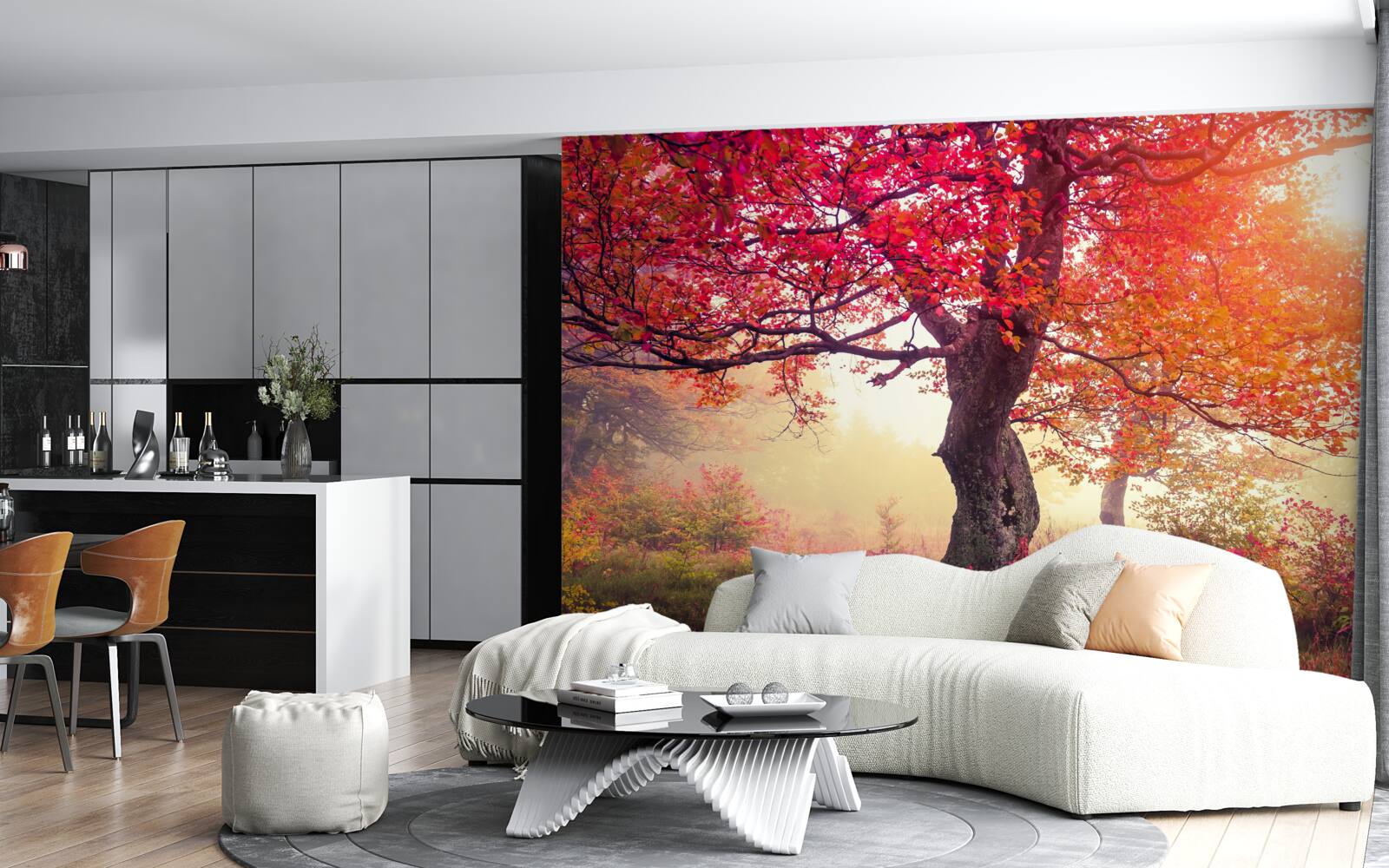 Fotobehang bloeiende bomen midden in een mistig bos