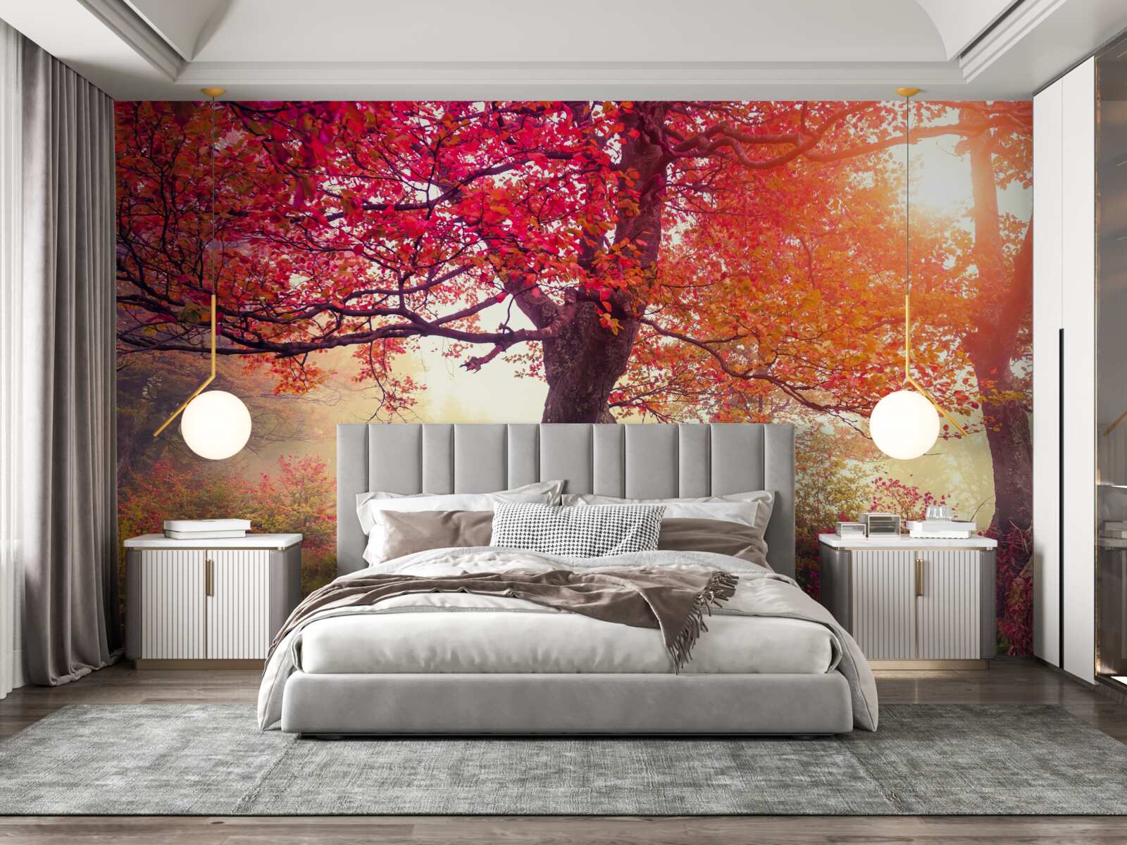 Fotobehang bloeiende bomen midden in een mistig bos