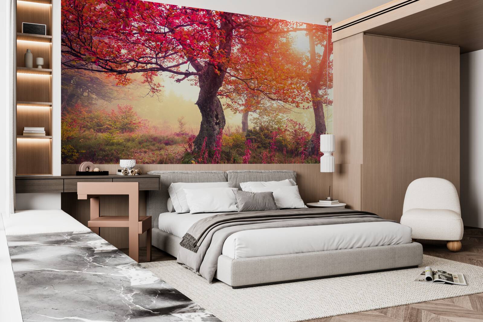 Fotobehang bloeiende bomen midden in een mistig bos