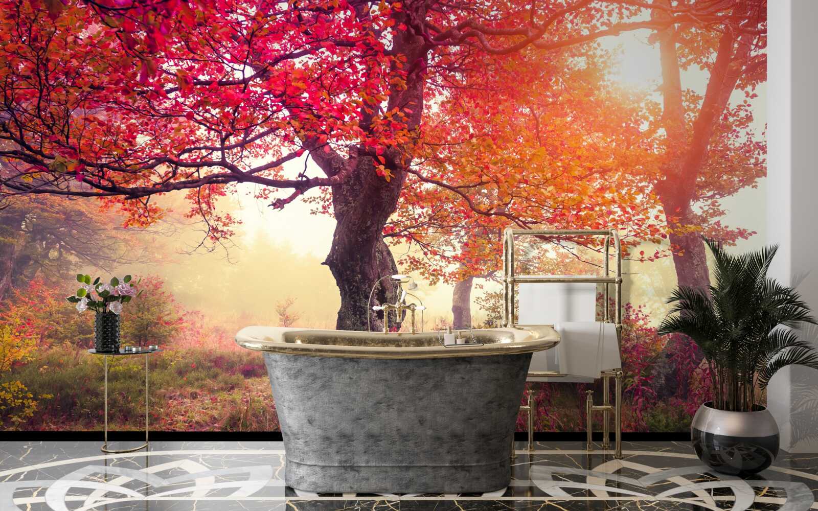 Fotobehang bloeiende bomen midden in een mistig bos