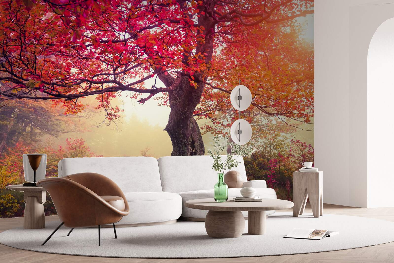 Fotobehang bloeiende bomen midden in een mistig bos