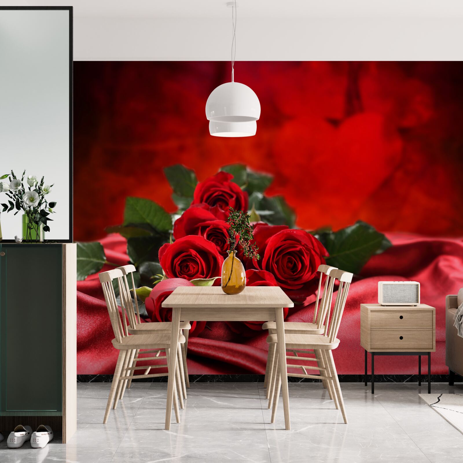 Fotobehang scharlaken rozen op bordeaux satijn