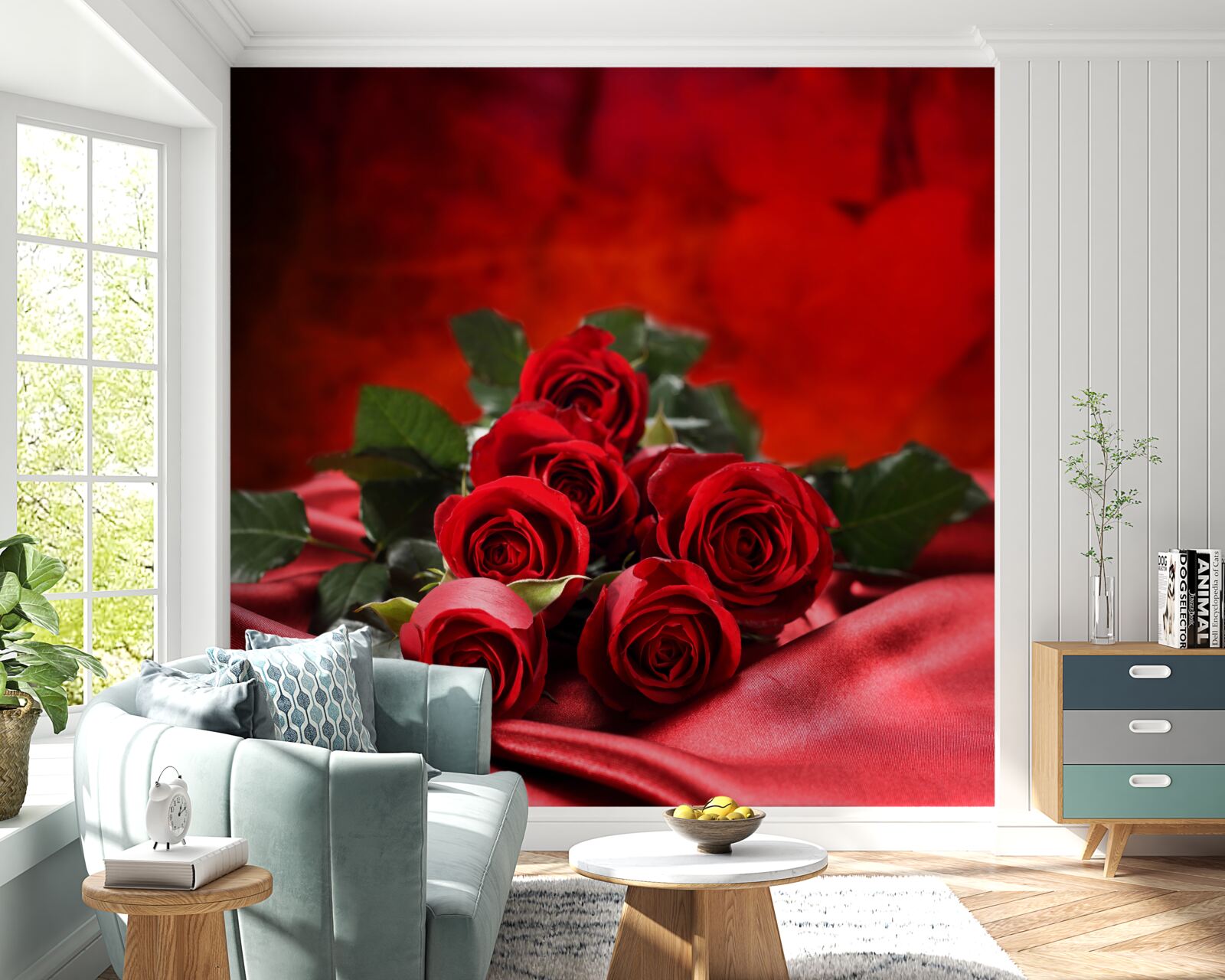 Fotobehang scharlaken rozen op bordeaux satijn