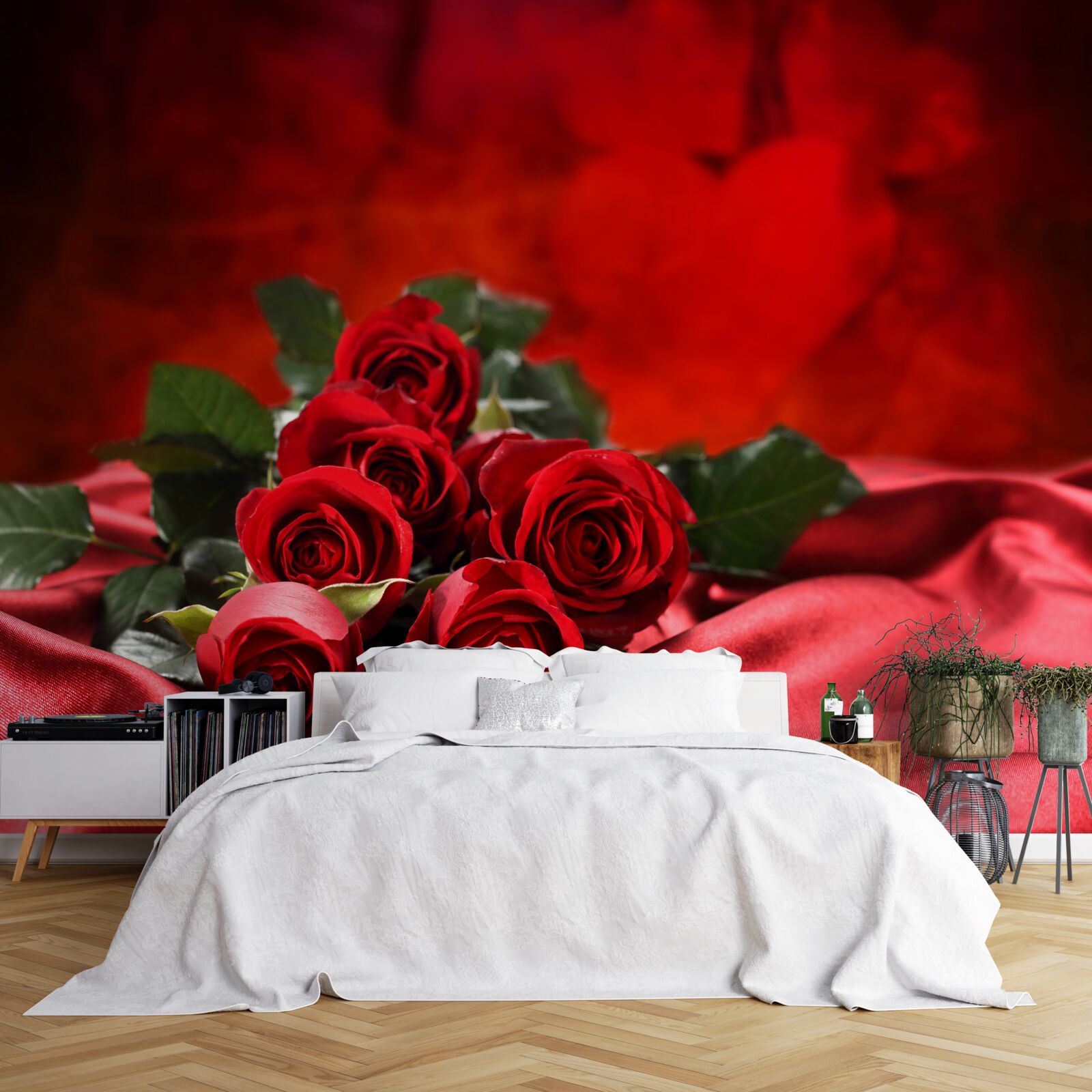 Fotobehang scharlaken rozen op bordeaux satijn