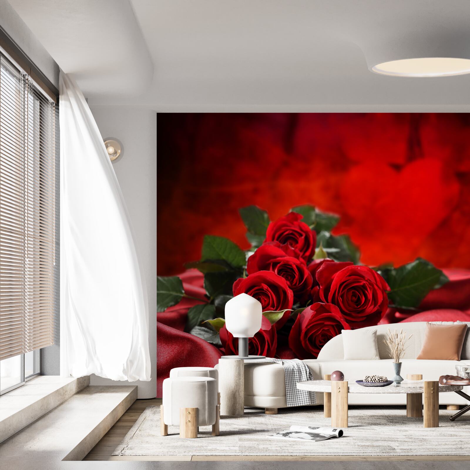 Fotobehang scharlaken rozen op bordeaux satijn