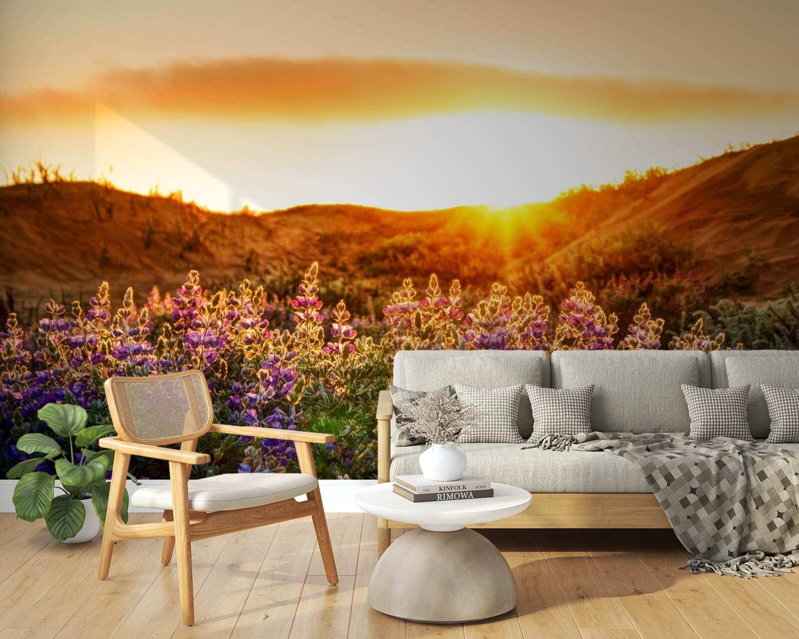 Fotobehang Veldbloemen tegen een achtergrond van zonsondergang