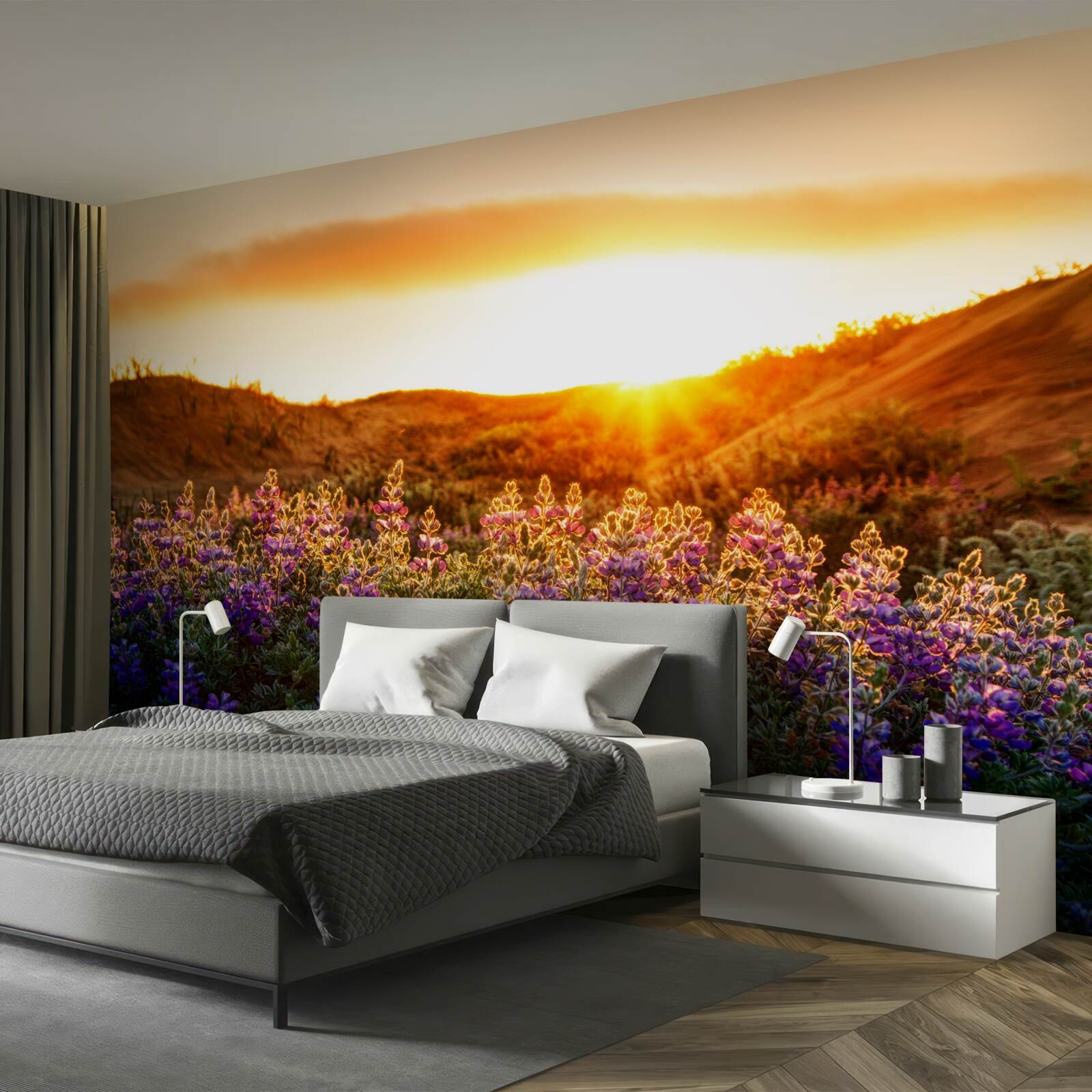 Fotobehang Veldbloemen tegen een achtergrond van zonsondergang