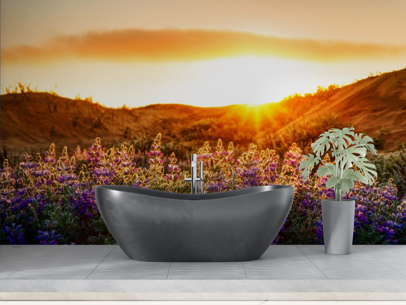 Fotobehang Veldbloemen tegen een achtergrond van zonsondergang