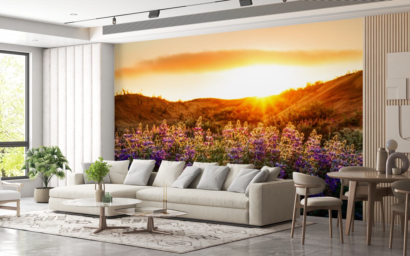 Fotobehang Veldbloemen tegen een achtergrond van zonsondergang