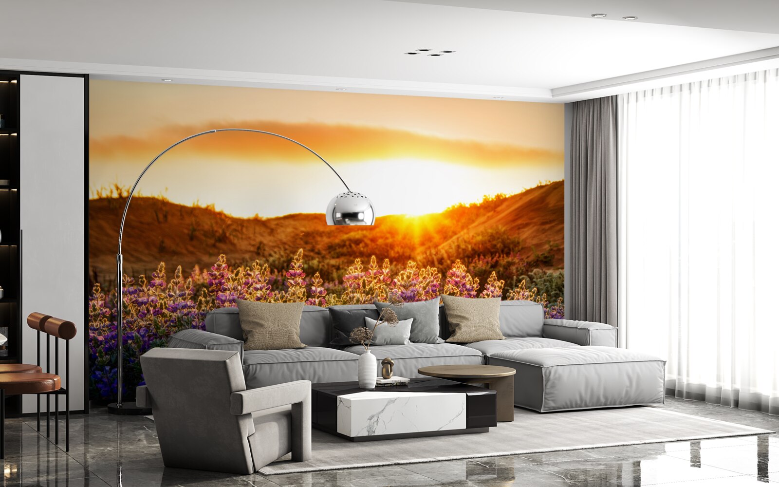 Fotobehang Veldbloemen tegen een achtergrond van zonsondergang