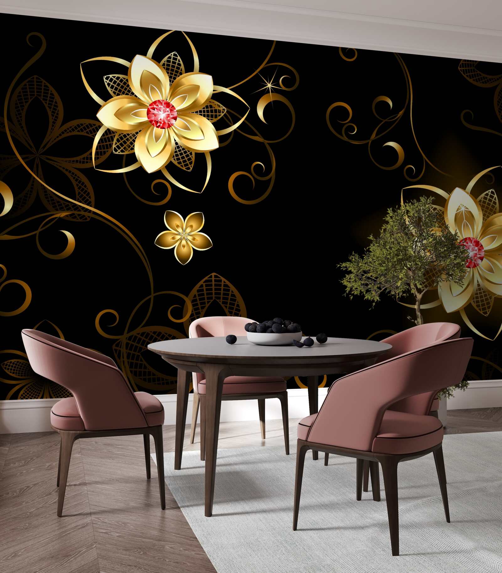 Fotobehang gouden bloemen op zwarte achtergrond