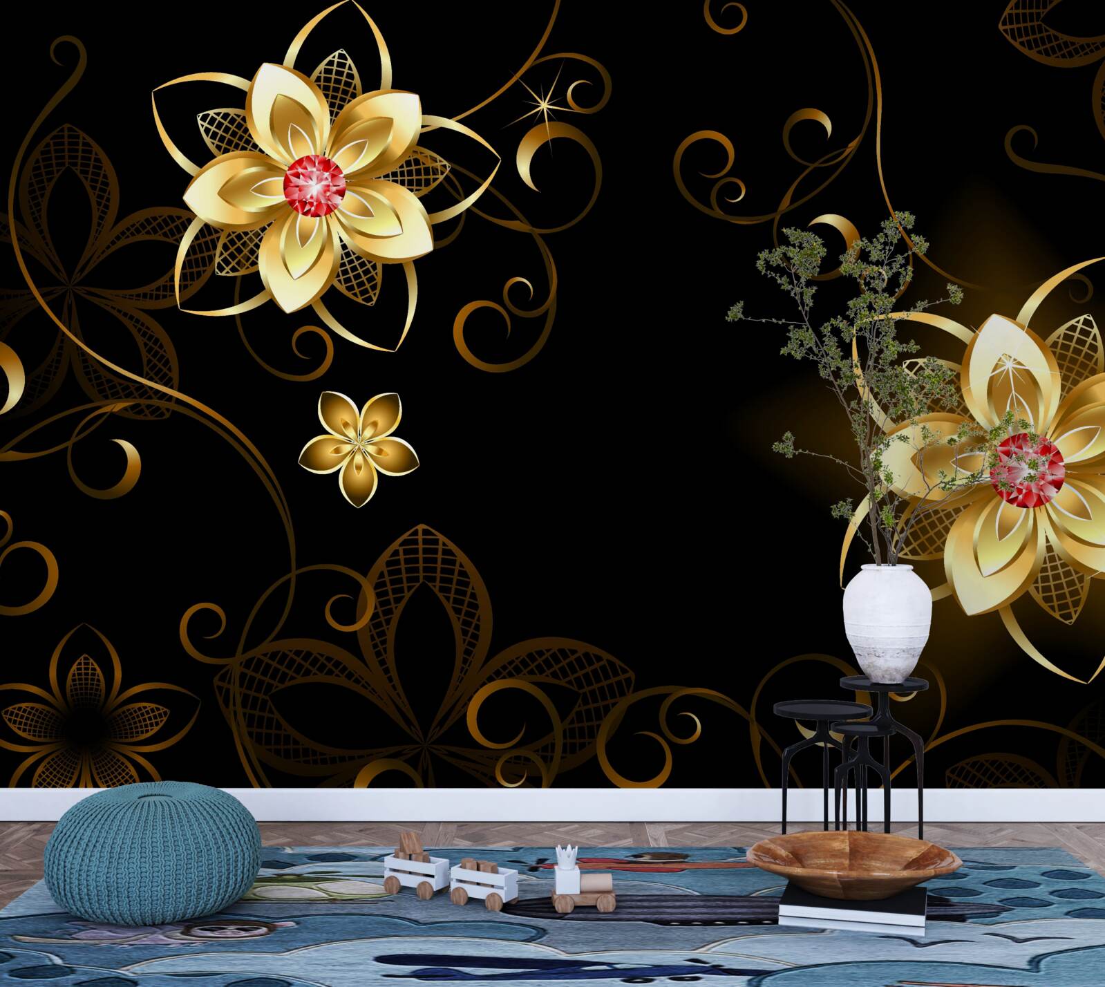 Fotobehang gouden bloemen op zwarte achtergrond