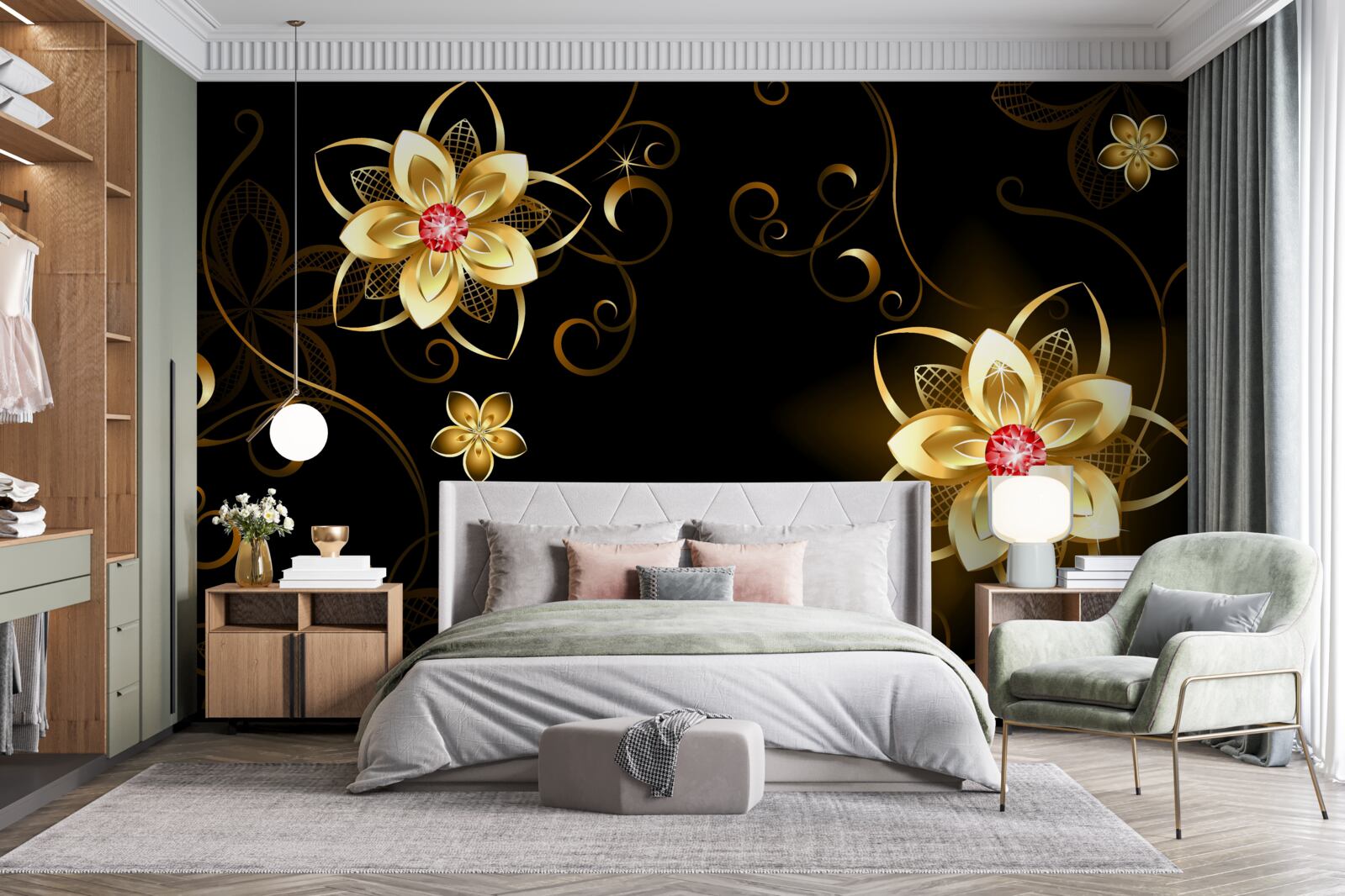 Fotobehang gouden bloemen op zwarte achtergrond