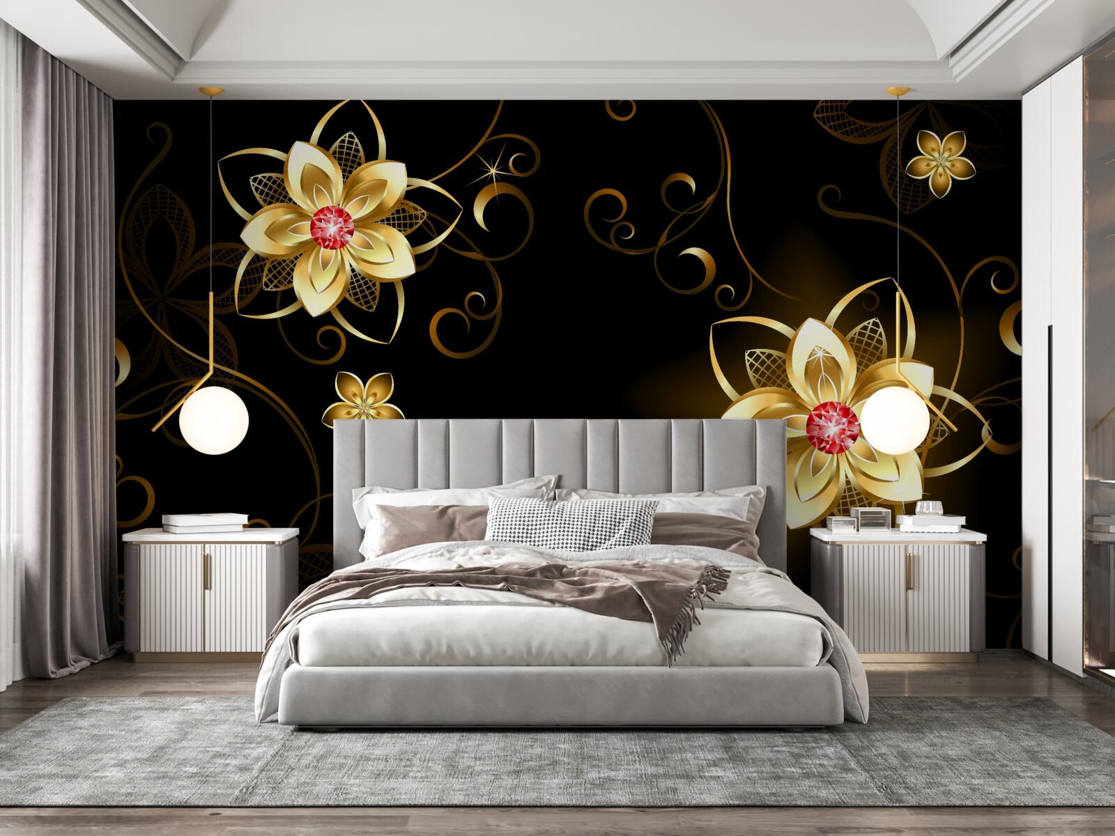 Fotobehang gouden bloemen op zwarte achtergrond