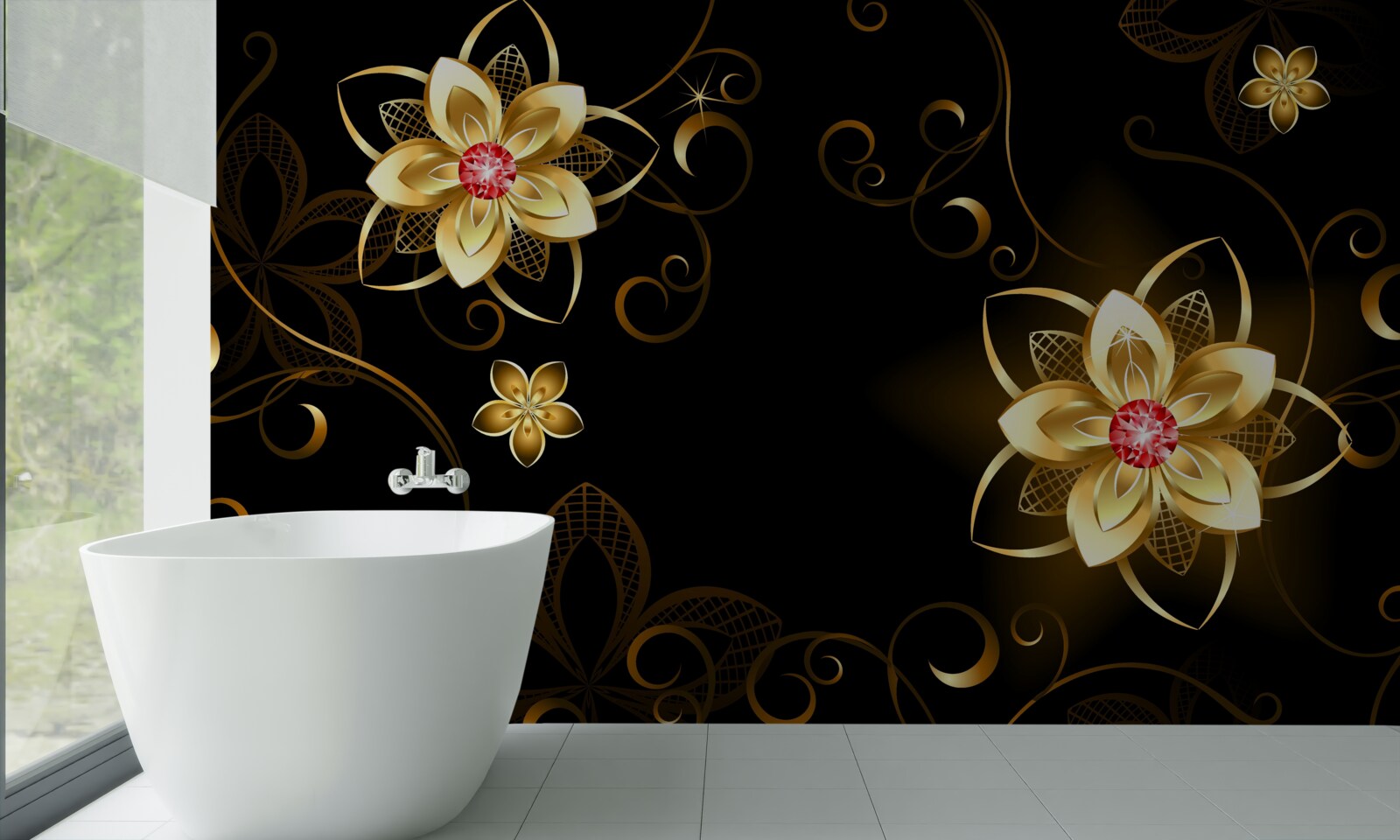 Fotobehang gouden bloemen op zwarte achtergrond