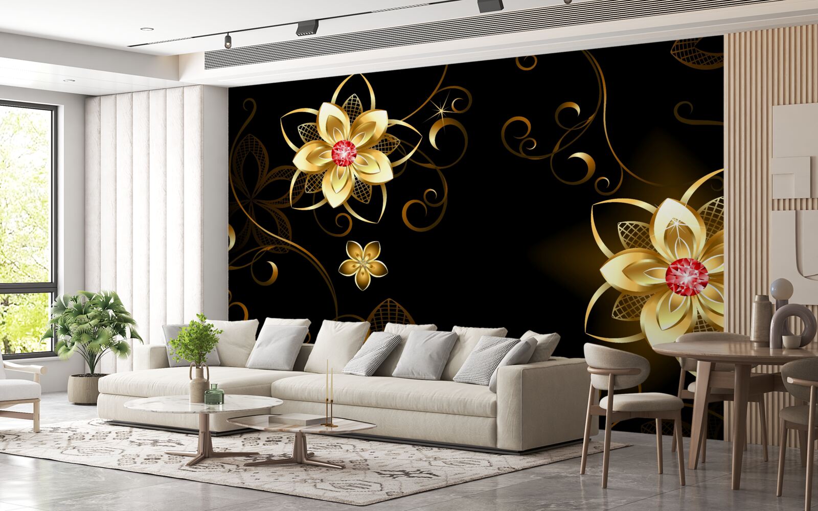 Fotobehang gouden bloemen op zwarte achtergrond