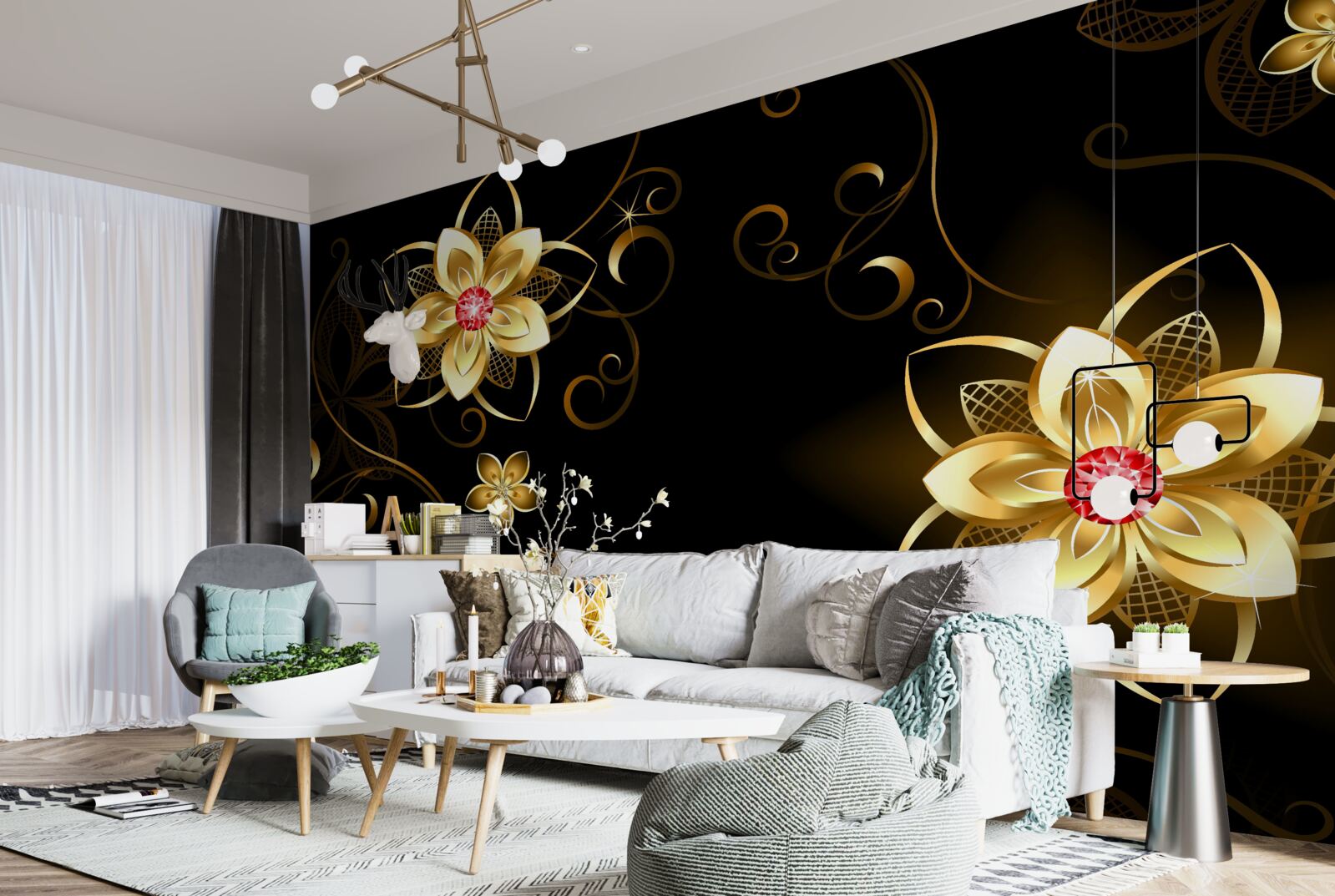 Fotobehang gouden bloemen op zwarte achtergrond