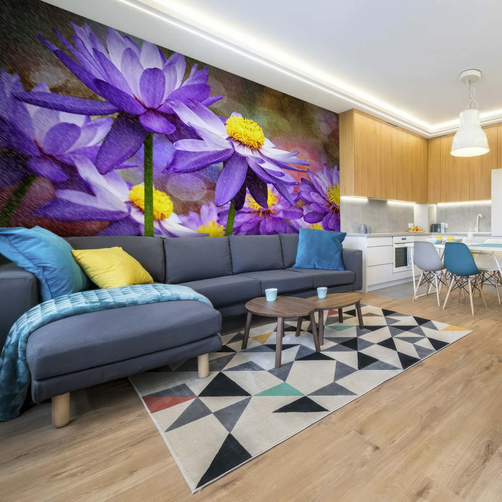 Fotobehang paarse bloemen met een geel hart