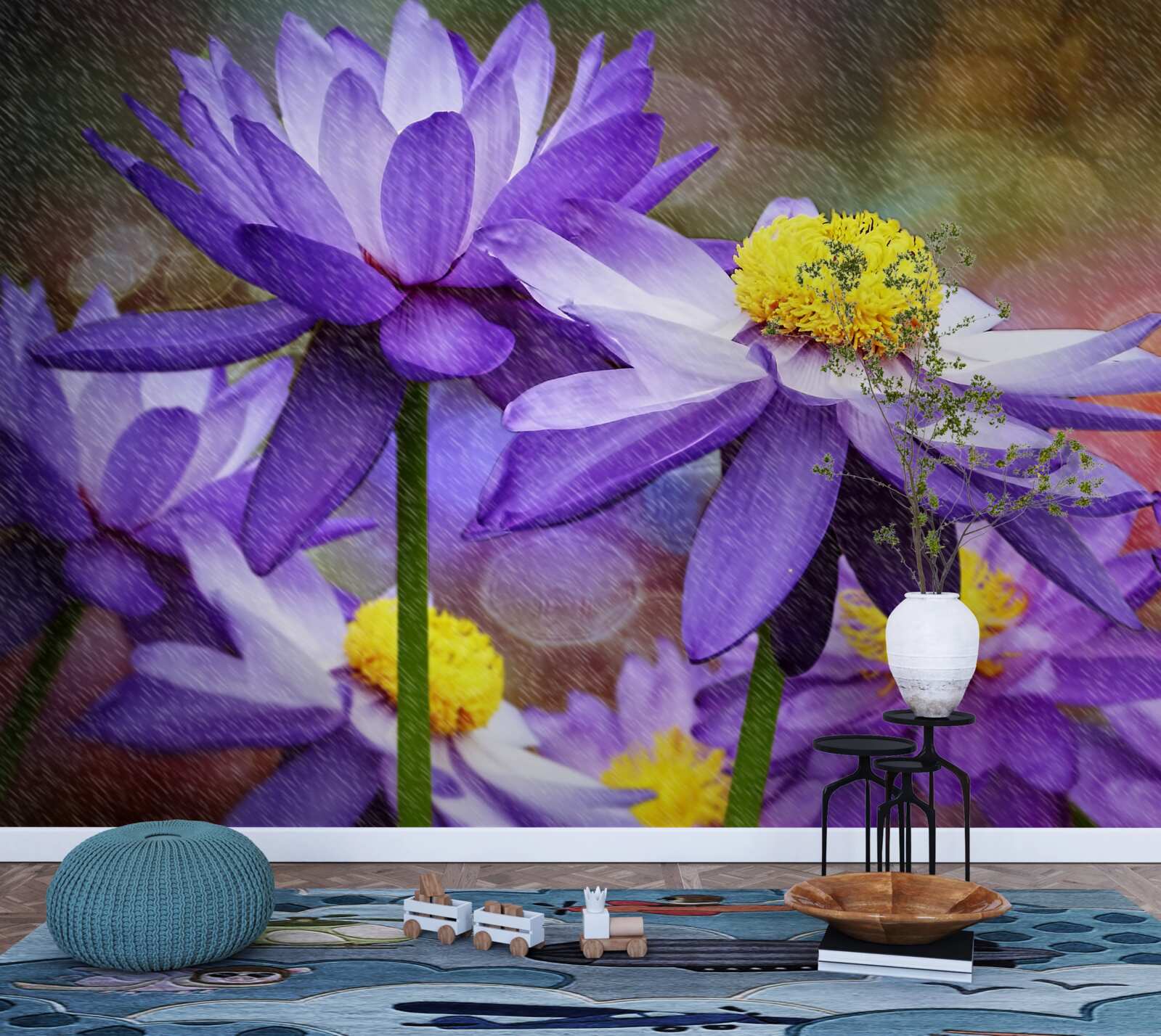 Fotobehang paarse bloemen met een geel hart