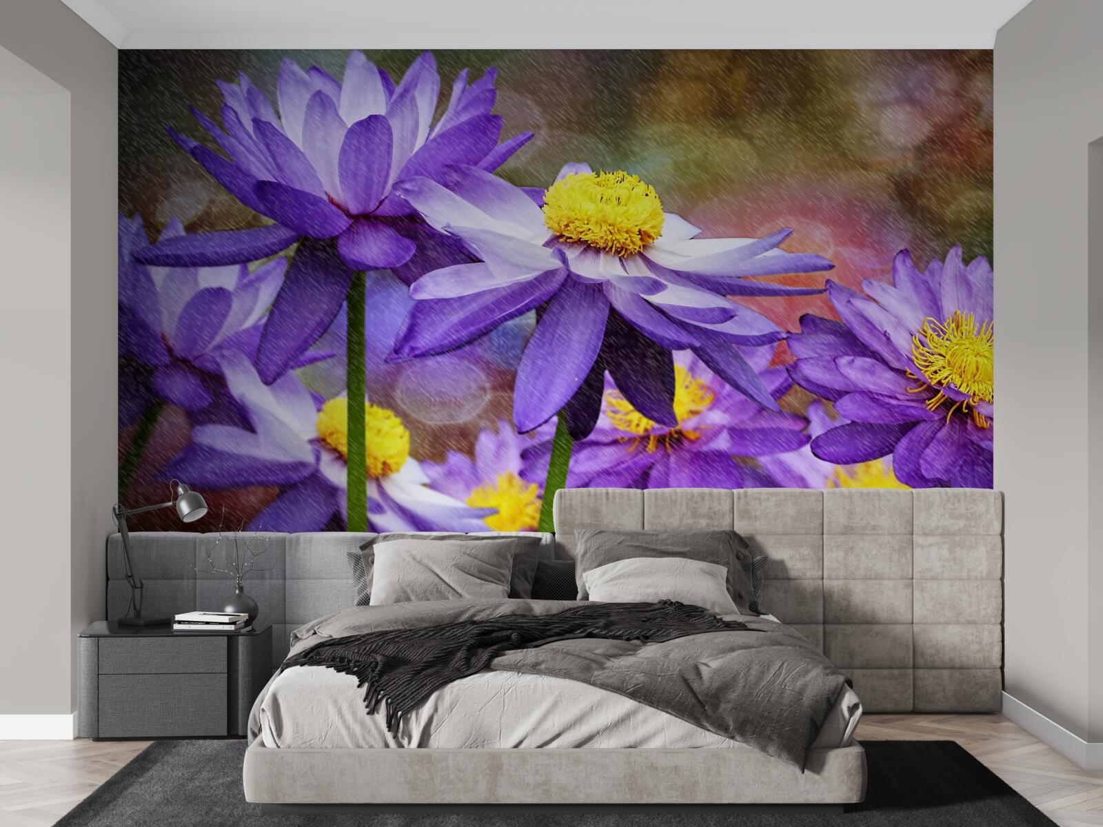 Fotobehang paarse bloemen met een geel hart